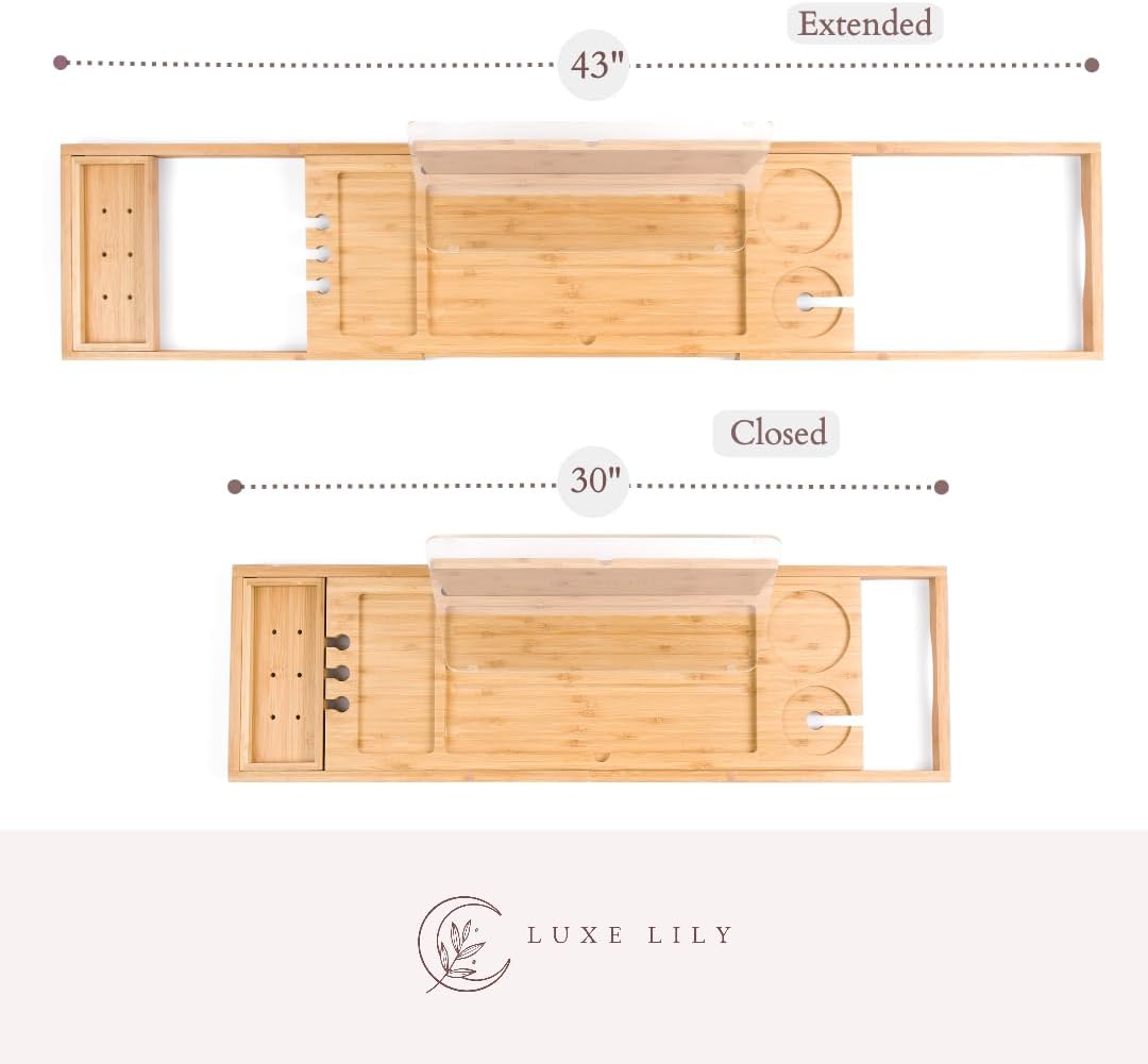 Luxe Lily Bathtub Caddy Tray | Holds Book Open with Removable Water Shield | Bath Tub Tray Table | Extendable Bathtub Trays for Tub | Bath Tray for Bathtub with Wine Holder | Tub Tray for Bathtub