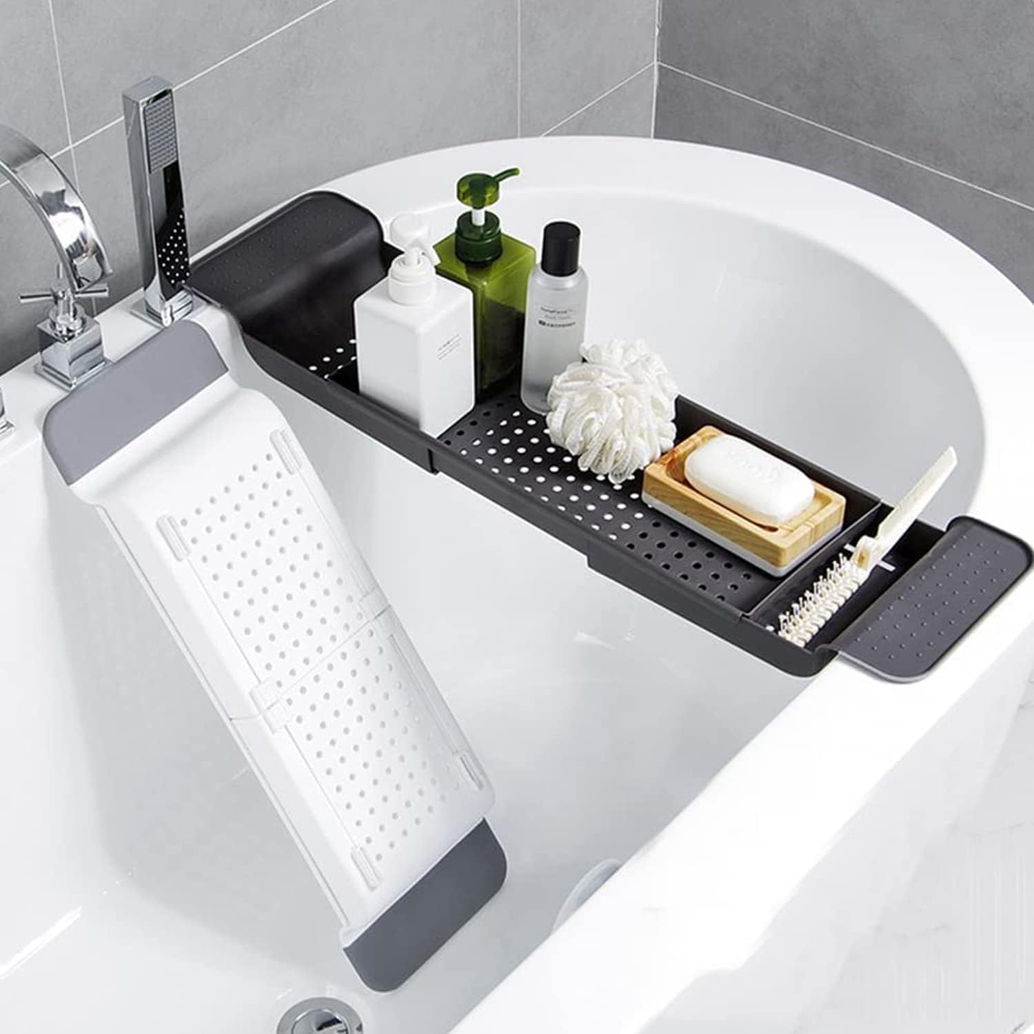 Expandable Drain Bath Shelf Caddy Tray, Multifunctional Plastic Bathtub Tray Bathroom Organizer Simple Stylish Bathtub Storage Rack for Candle Towel, Book, Wine, Phone, Shower (Grey - 1pcs)