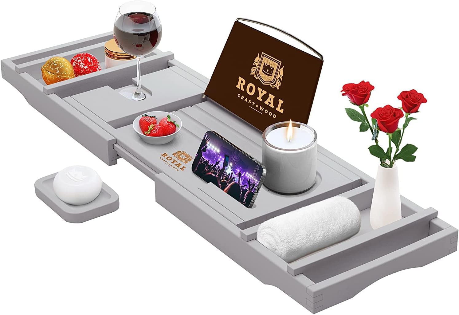 ROYAL CRAFT WOOD Foldable Bathtub Tray Caddy Bamboo Bathtub Tray Expandable, Bath Tub Table Caddy with Extending Sides - Free Soap Dish