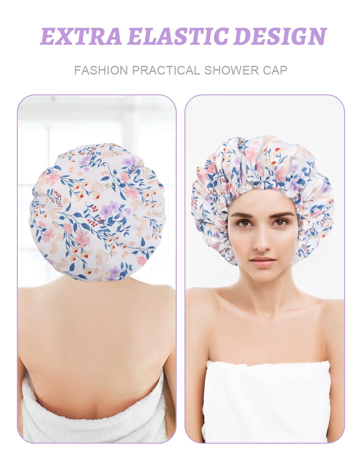 Aquior Shower Caps, Double Layer Waterproof Shower Cap for Women, Reusable Large Shower Cap for all Hair Lengths with EVA Lining, Soft Bath Shower Caps