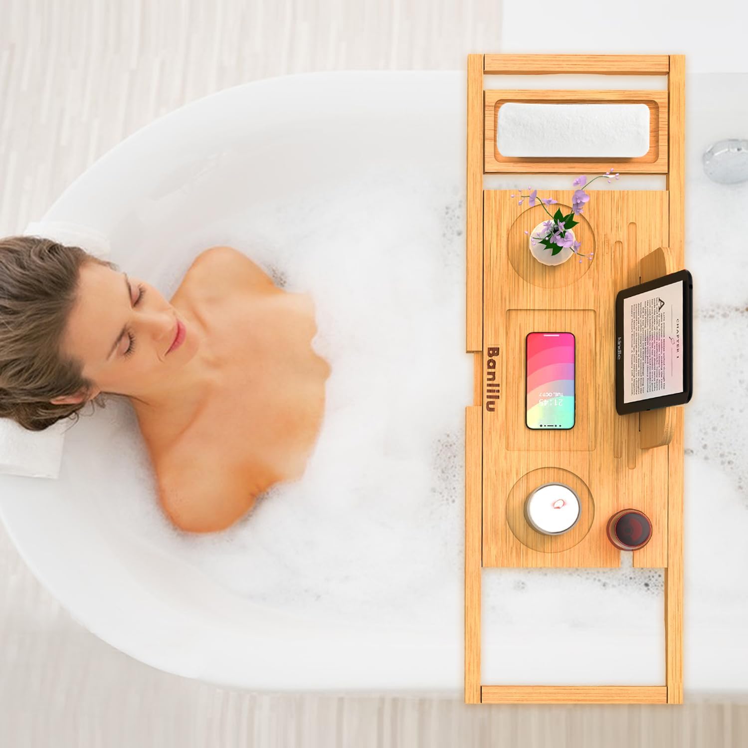 Premium Bathtub Tray Caddy - Bath Tray Bamboo Expandable - Bath Tub Tray Table for Bathtub - Expandable Size, Fits Most Bath Tubs