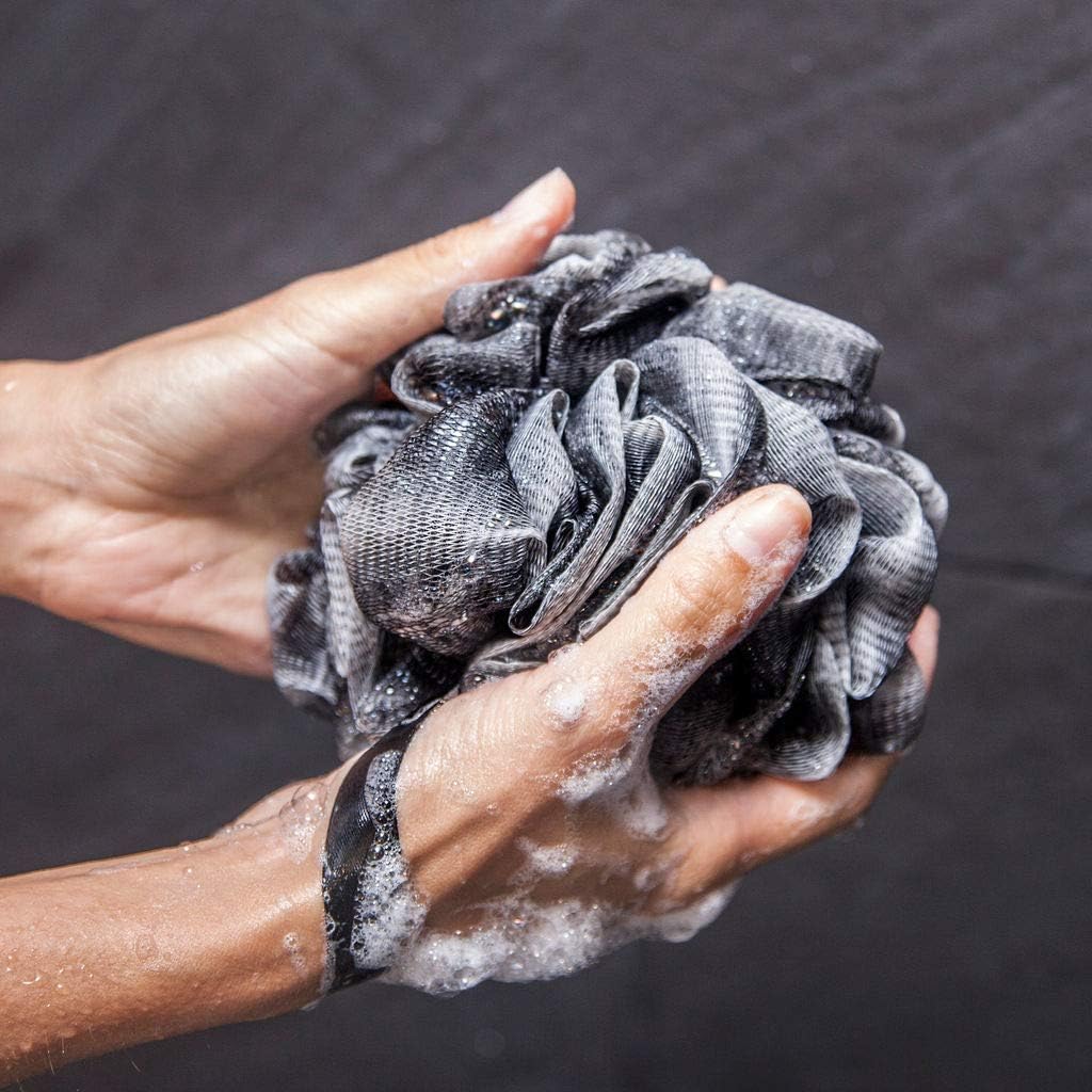 Toem Loofah Back Scrubber for Shower | Bamboo Charcoal Fiber Infused | Loufas for Men & Women | Includes 1 Long Handled Shower Sponge, 1 Bath & Shower Luffa Pouf & 1 Hook to Hang Stuff (Slate Grey)