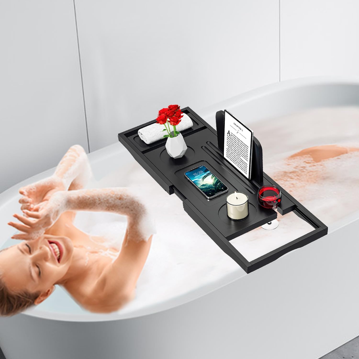 Premium Bathtub Tray Caddy - Bath Tray Bamboo Expandable - Bath Tub Tray Table for Bathtub - Expandable Size, Fits Most Bath Tubs