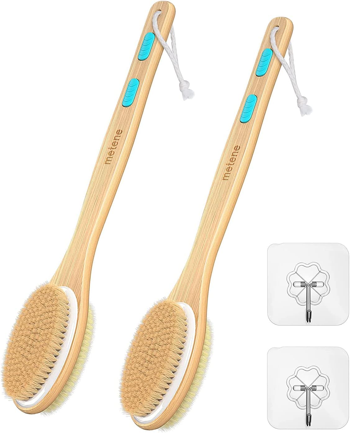 Metene Shower Brush with Soft and Stiff Bristles, Bath Dual-Sided Long Handle Back Scrubber Body Exfoliator for Wet or Dry Brushing