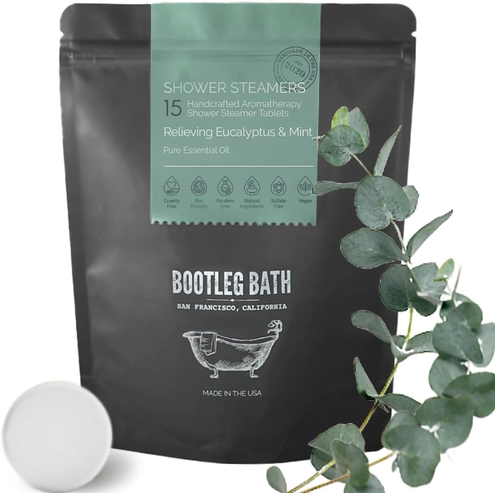 BOOTLEG BATH Shower Steamers Aromatherapy 15 Pack, 100% Pure Essential Oil, Eucalyptus, All Natural, for Men and Women, Made in USA