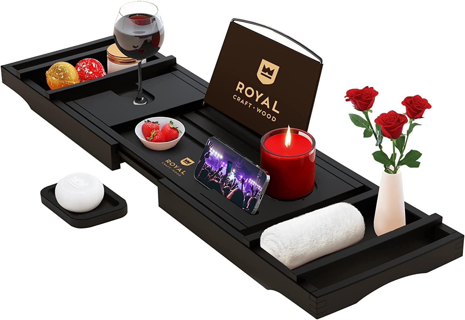 ROYAL CRAFT WOOD Foldable Bathtub Tray Caddy Bamboo Bathtub Tray Expandable, Bath Tub Table Caddy with Extending Sides - Free Soap Dish