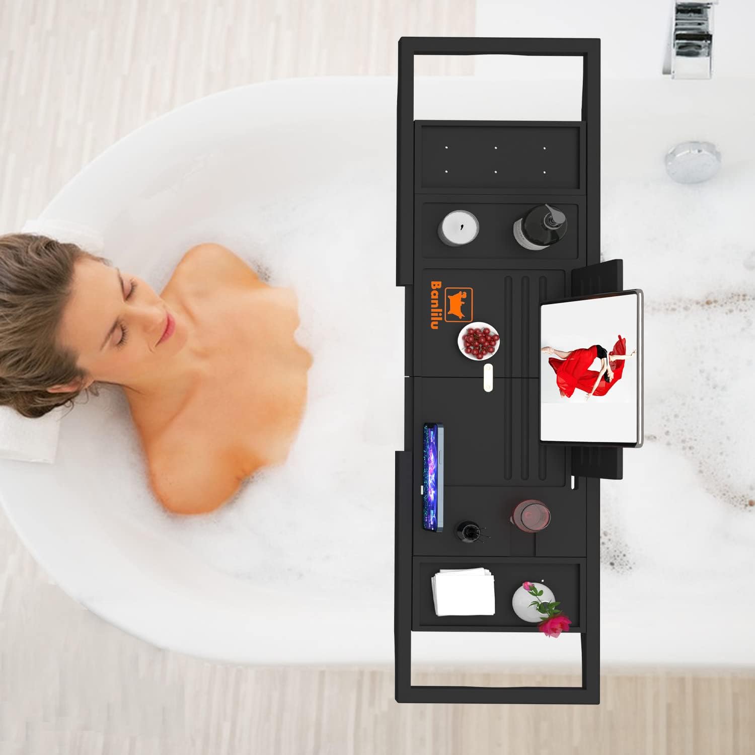 Premium Bathtub Tray Caddy - Bath Tray Bamboo Expandable - Bath Tub Tray Table for Bathtub - Expandable Size, Fits Most Bath Tubs