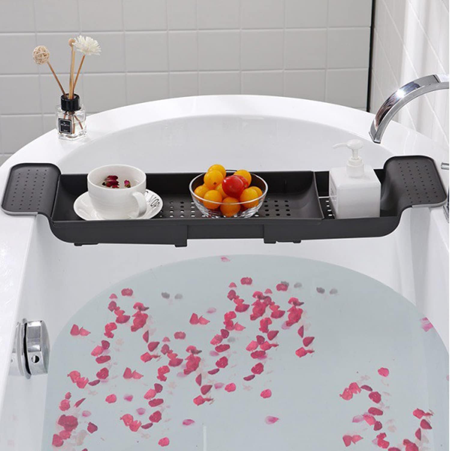 Expandable Drain Bath Shelf Caddy Tray, Multifunctional Plastic Bathtub Tray Bathroom Organizer Simple Stylish Bathtub Storage Rack for Candle Towel, Book, Wine, Phone, Shower (Grey - 1pcs)