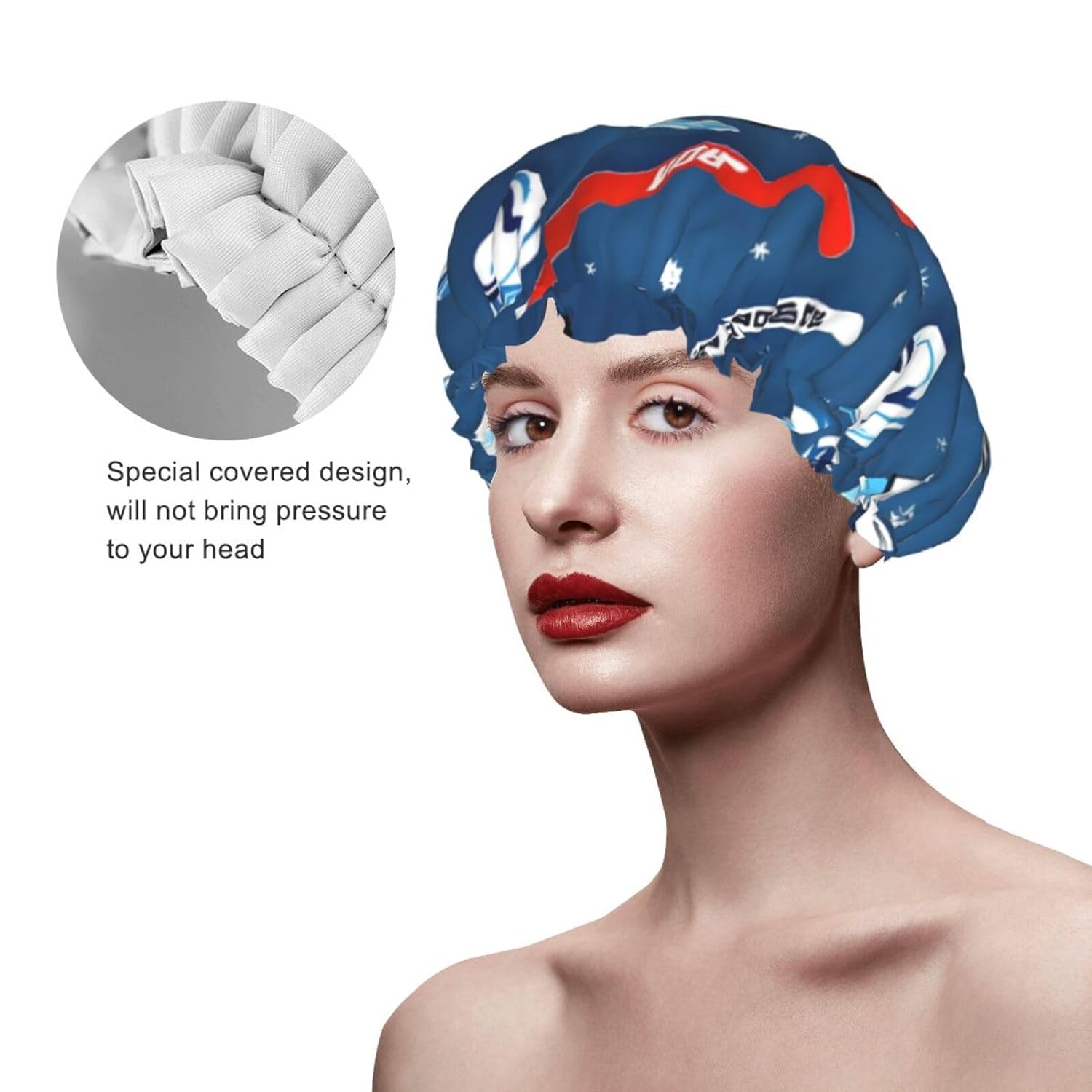 Ice Hockey print Print Reusable Shower Cap for Women,Double Waterproof Layers Bathing Hat,Quick Drying Bath Hair Cap