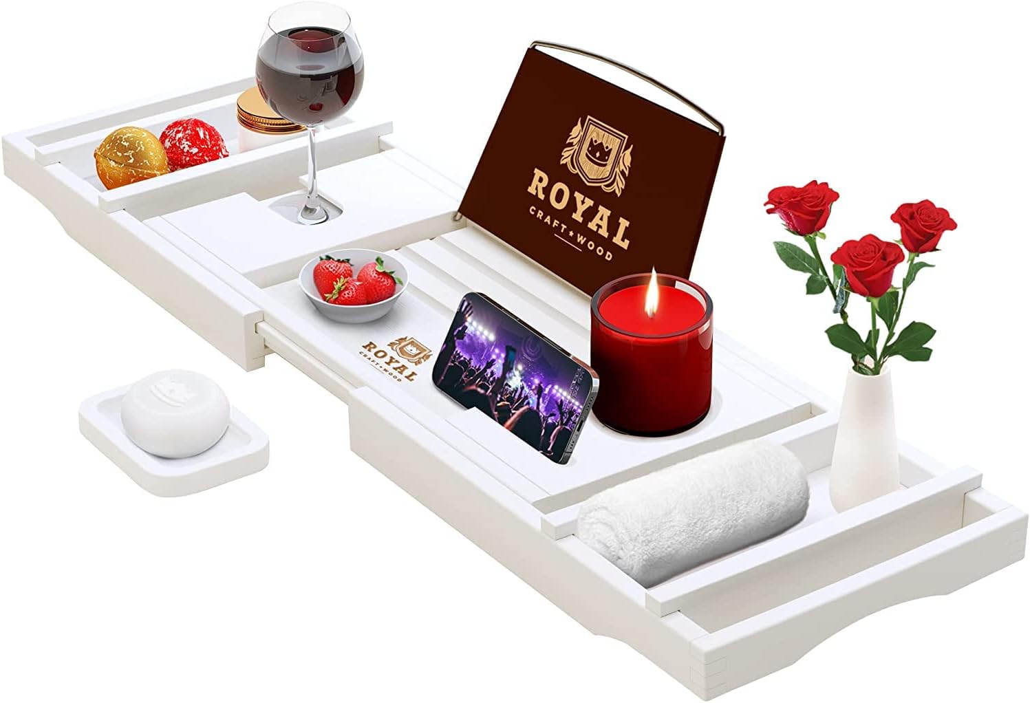 ROYAL CRAFT WOOD Foldable Bathtub Tray Caddy Bamboo Bathtub Tray Expandable, Bath Tub Table Caddy with Extending Sides - Free Soap Dish