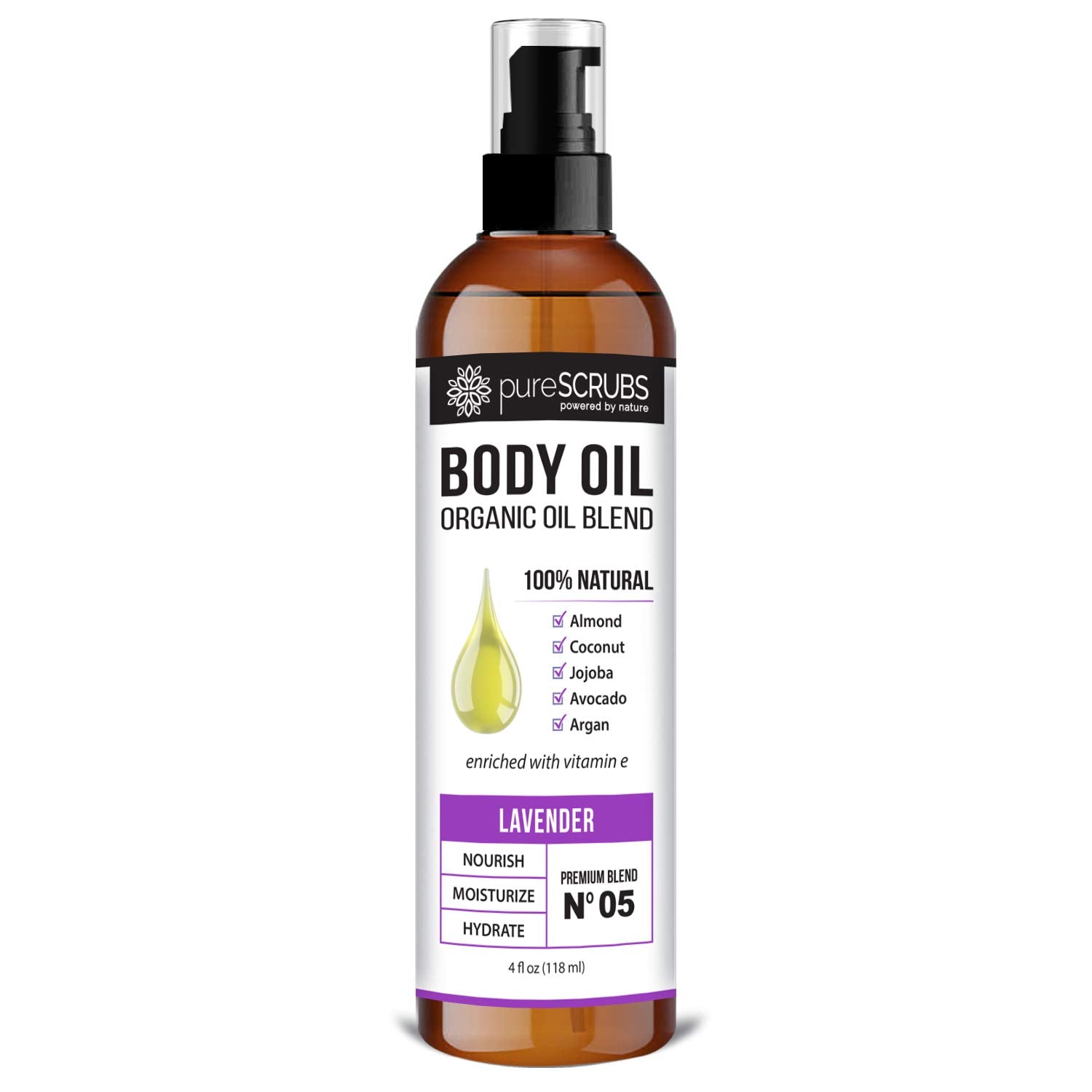 pureSCRUBS Ultra Moisturizing SANDALWOOD BODY OIL Spray For Dry Skin, Massage, Cuticles & More, Organic Blend of Jojoba, Argan, Coconut, Sweet Almond & Avocado Oils Enriched with Vitamin E - Lg 4oz