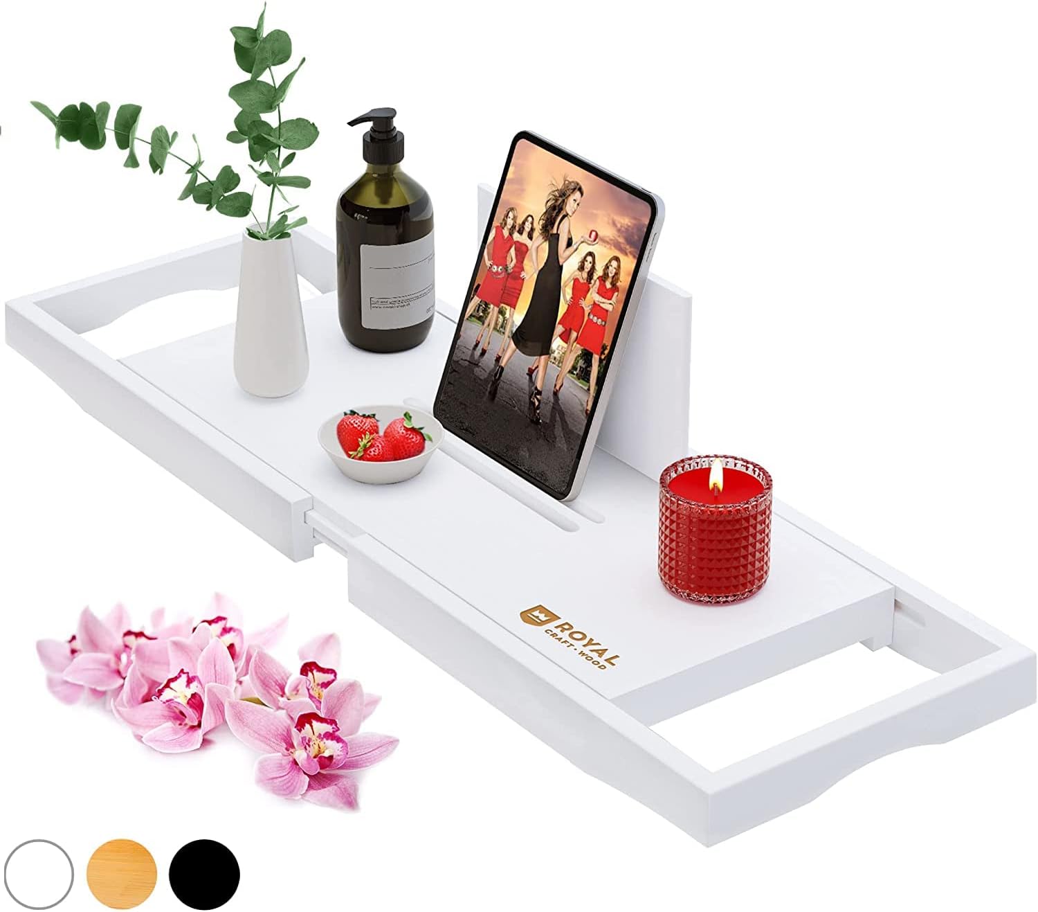 ROYAL CRAFT WOOD Foldable Bathtub Tray Caddy Bamboo Bathtub Tray Expandable, Bath Tub Table Caddy with Extending Sides - Free Soap Dish