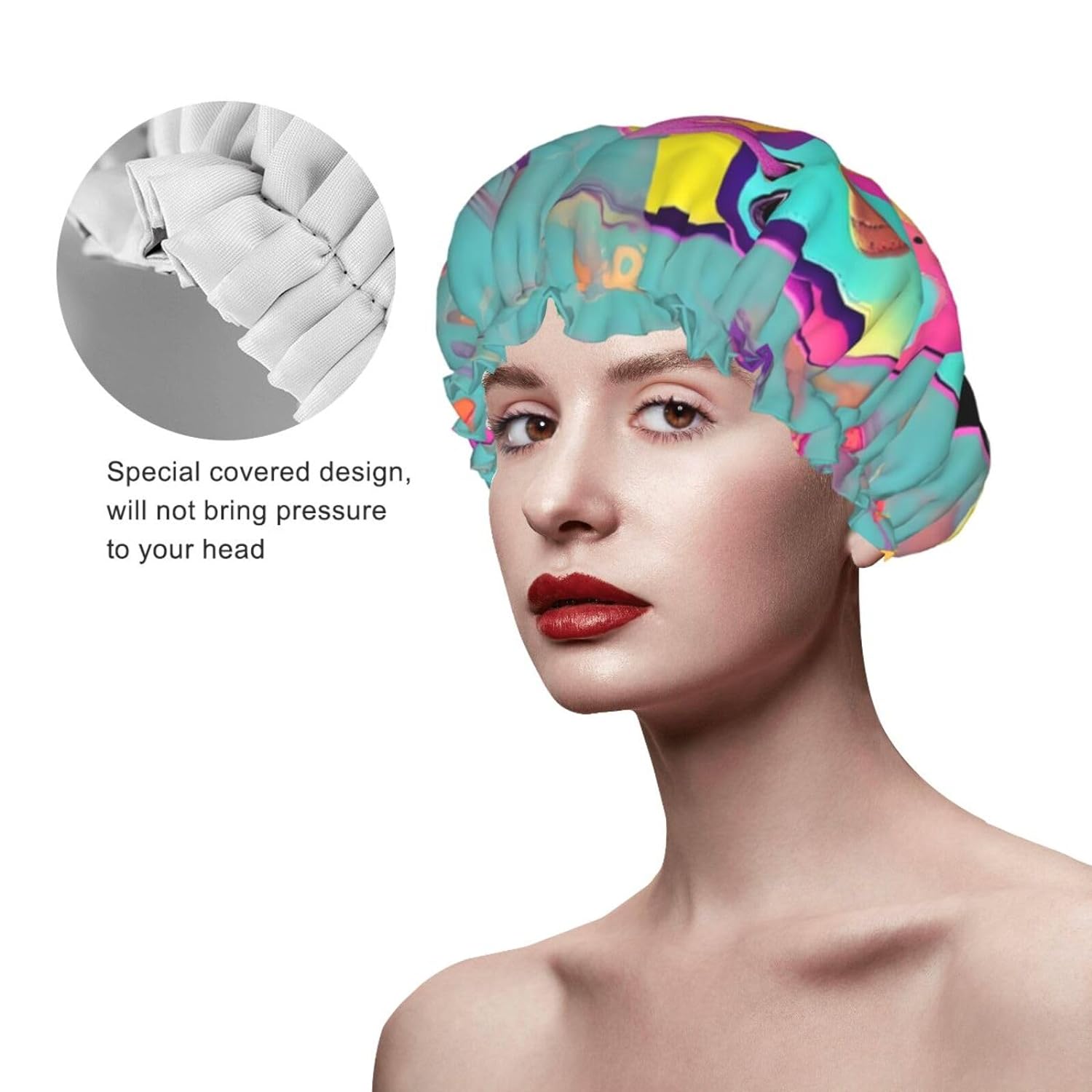 Ice Hockey print Print Reusable Shower Cap for Women,Double Waterproof Layers Bathing Hat,Quick Drying Bath Hair Cap