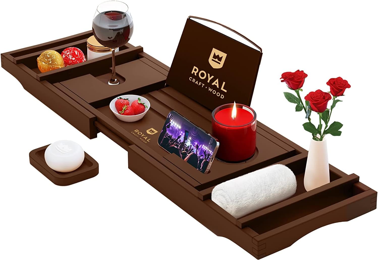 ROYAL CRAFT WOOD Foldable Bathtub Tray Caddy Bamboo Bathtub Tray Expandable, Bath Tub Table Caddy with Extending Sides - Free Soap Dish