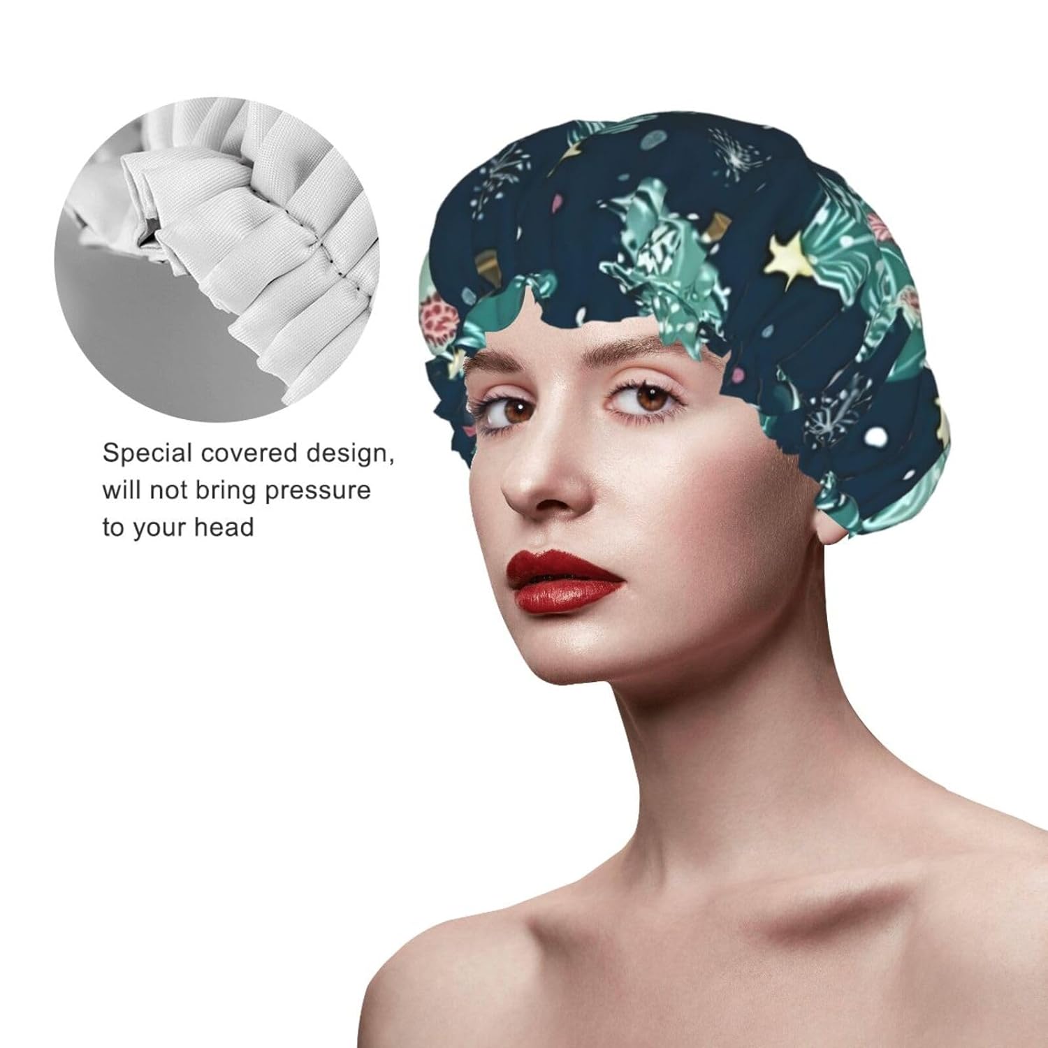 Double Layer Waterproof Shower Cap for Women - Lightweight, Portable, and Reusable Bath Accessory for Long Hair Xmas Tree Ball Stars