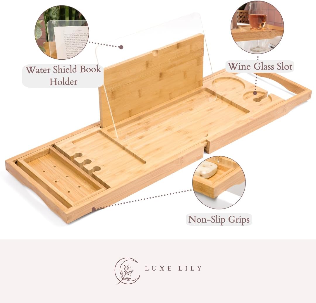 Luxe Lily Bathtub Caddy Tray | Holds Book Open with Removable Water Shield | Bath Tub Tray Table | Extendable Bathtub Trays for Tub | Bath Tray for Bathtub with Wine Holder | Tub Tray for Bathtub