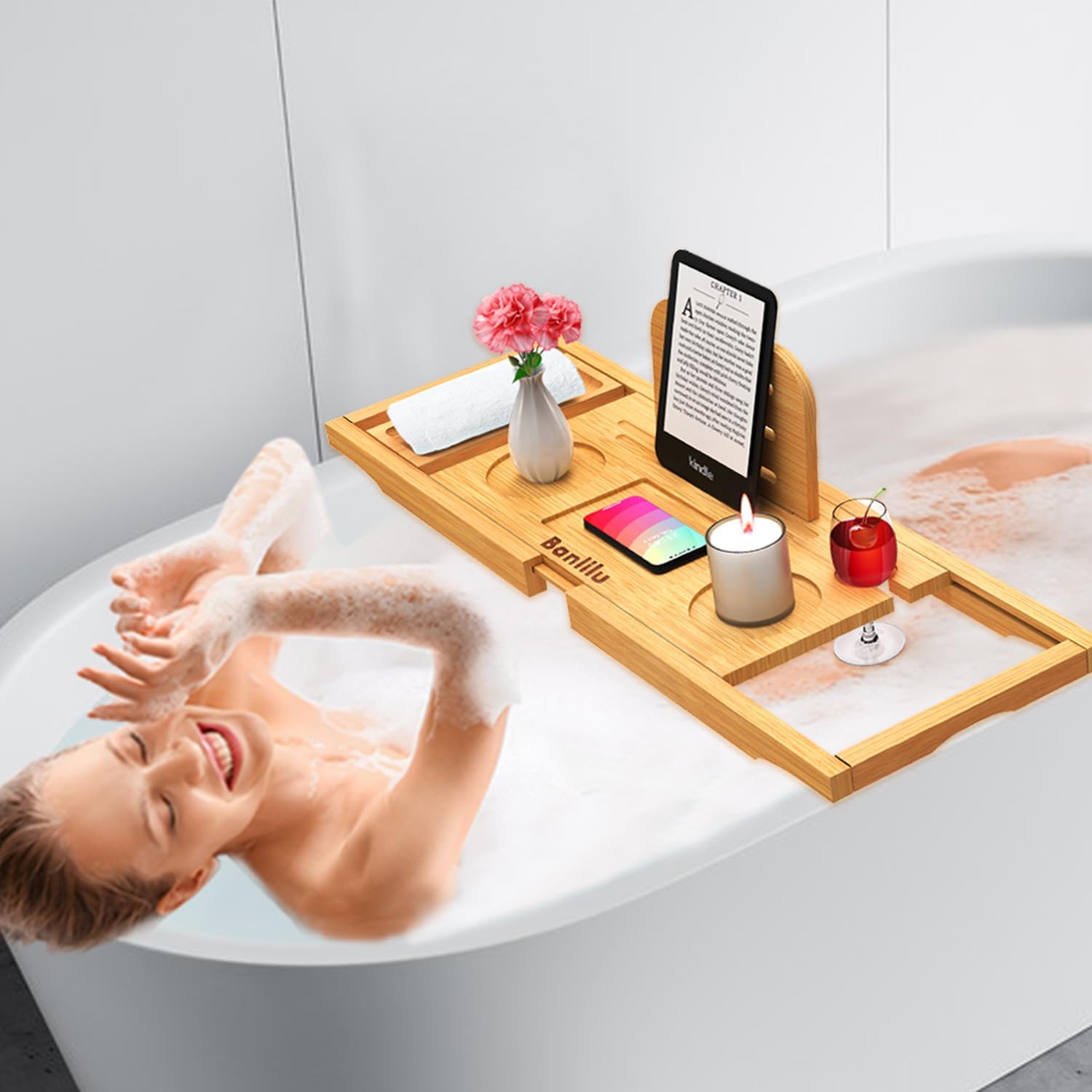 Premium Bathtub Tray Caddy - Bath Tray Bamboo Expandable - Bath Tub Tray Table for Bathtub - Expandable Size, Fits Most Bath Tubs