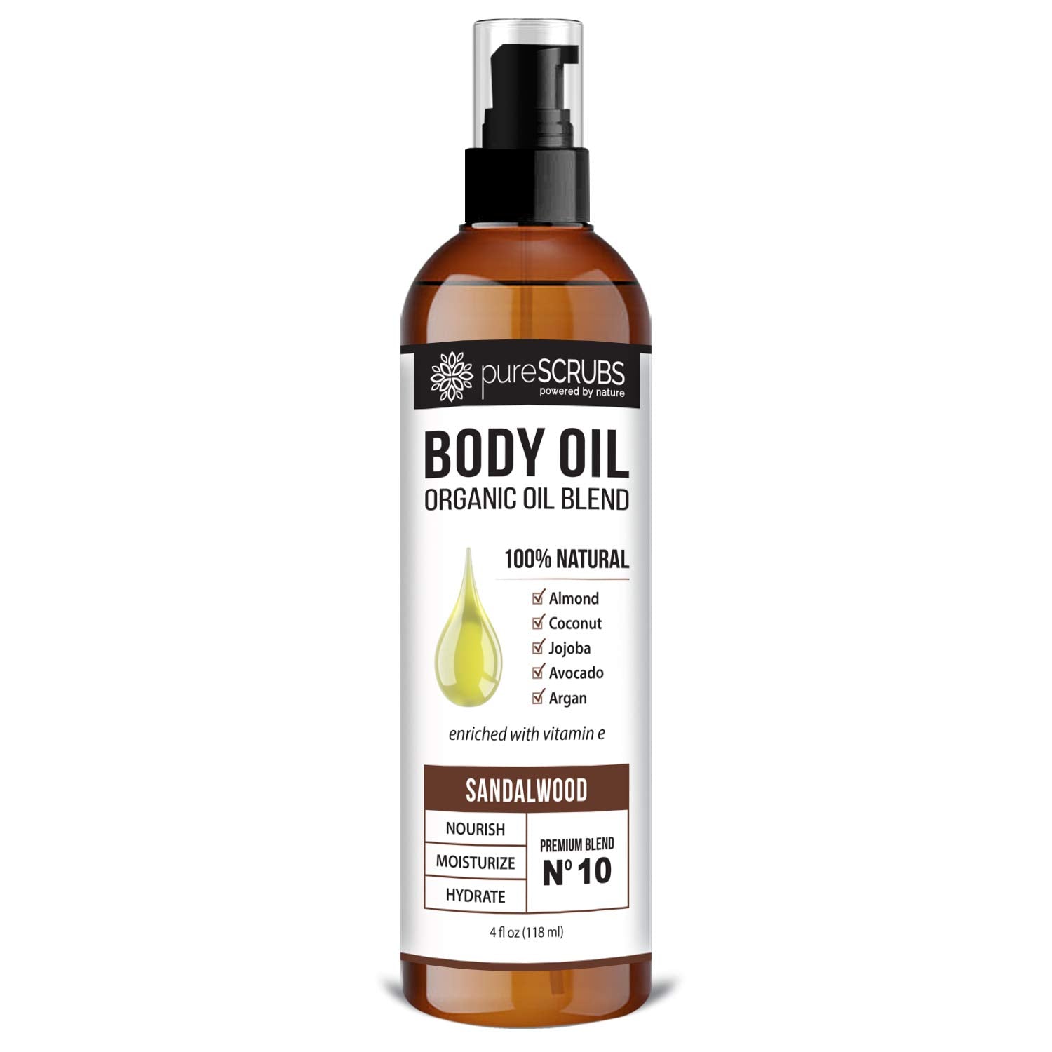 pureSCRUBS Ultra Moisturizing SANDALWOOD BODY OIL Spray For Dry Skin, Massage, Cuticles & More, Organic Blend of Jojoba, Argan, Coconut, Sweet Almond & Avocado Oils Enriched with Vitamin E - Lg 4oz
