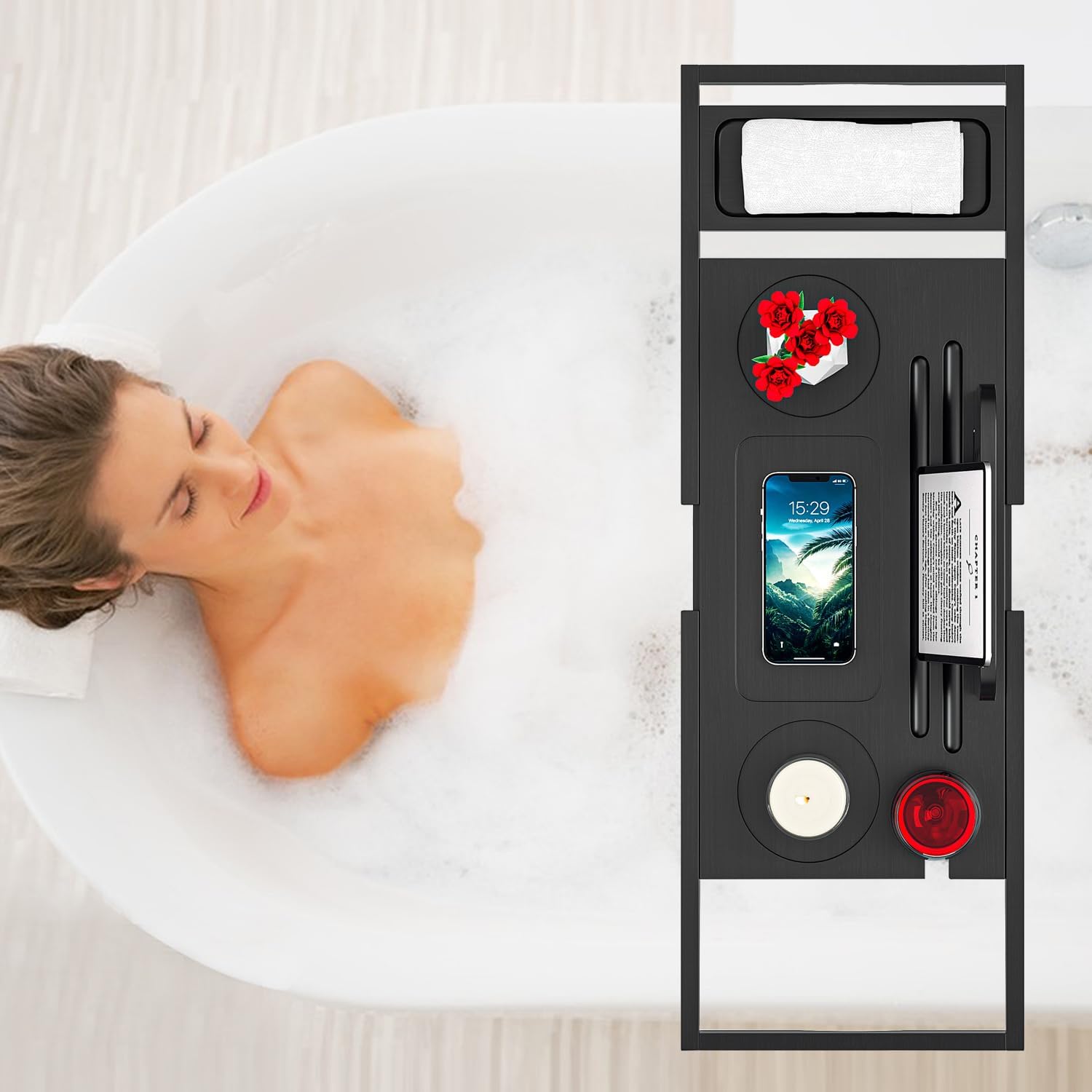 Premium Bathtub Tray Caddy - Bath Tray Bamboo Expandable - Bath Tub Tray Table for Bathtub - Expandable Size, Fits Most Bath Tubs