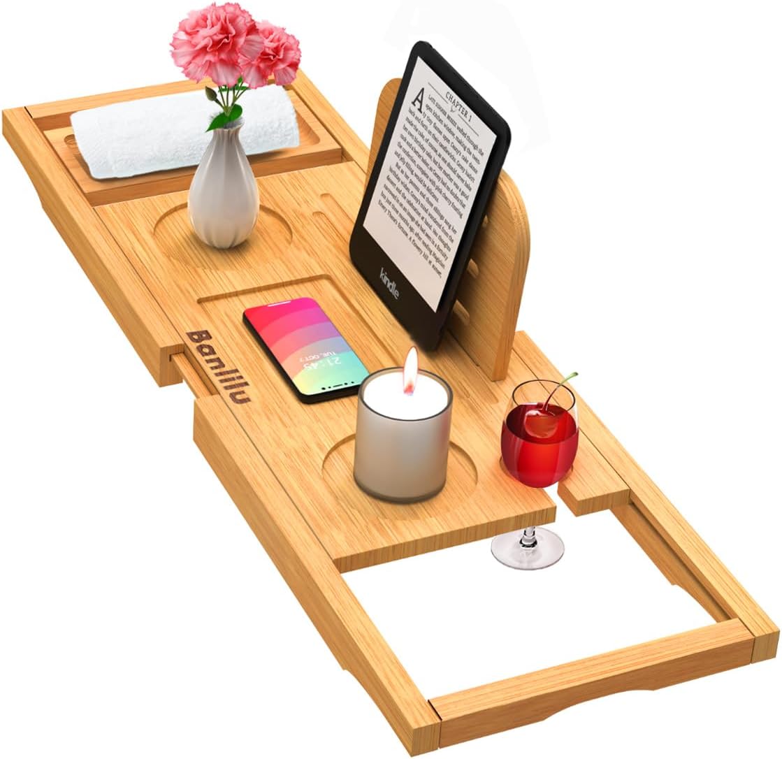 Premium Bathtub Tray Caddy - Bath Tray Bamboo Expandable - Bath Tub Tray Table for Bathtub - Expandable Size, Fits Most Bath Tubs
