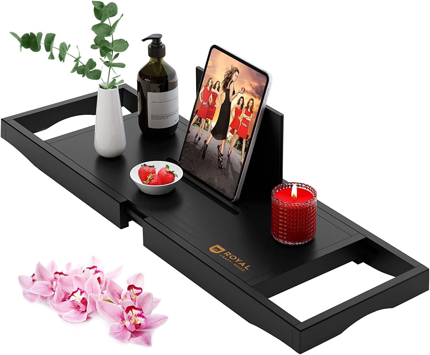 ROYAL CRAFT WOOD Foldable Bathtub Tray Caddy Bamboo Bathtub Tray Expandable, Bath Tub Table Caddy with Extending Sides - Free Soap Dish