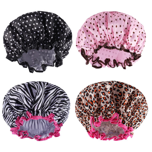4 Pcs Reusable Shower Cap, Waterproof Shower Cap Elastic Double Layers Shower Hat Bath Caps for Women