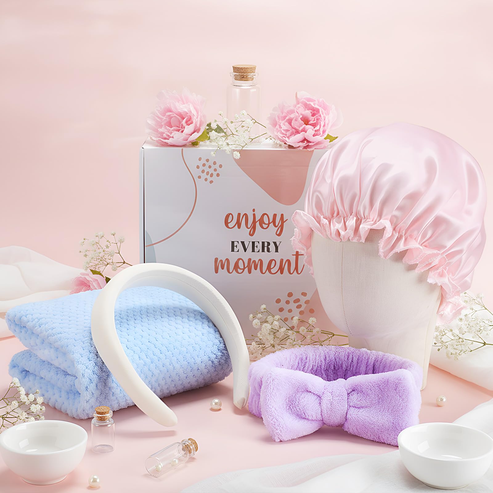 Sawysine 12 Pcs Mother's Day Hair Care Gift Set with Pink Microfiber Hair Drying Towel Spa Kit Include Quick Dry Hairs Towel Wrap Silk Bonnet Headband Brush for Women Birthday Wedding Gifts