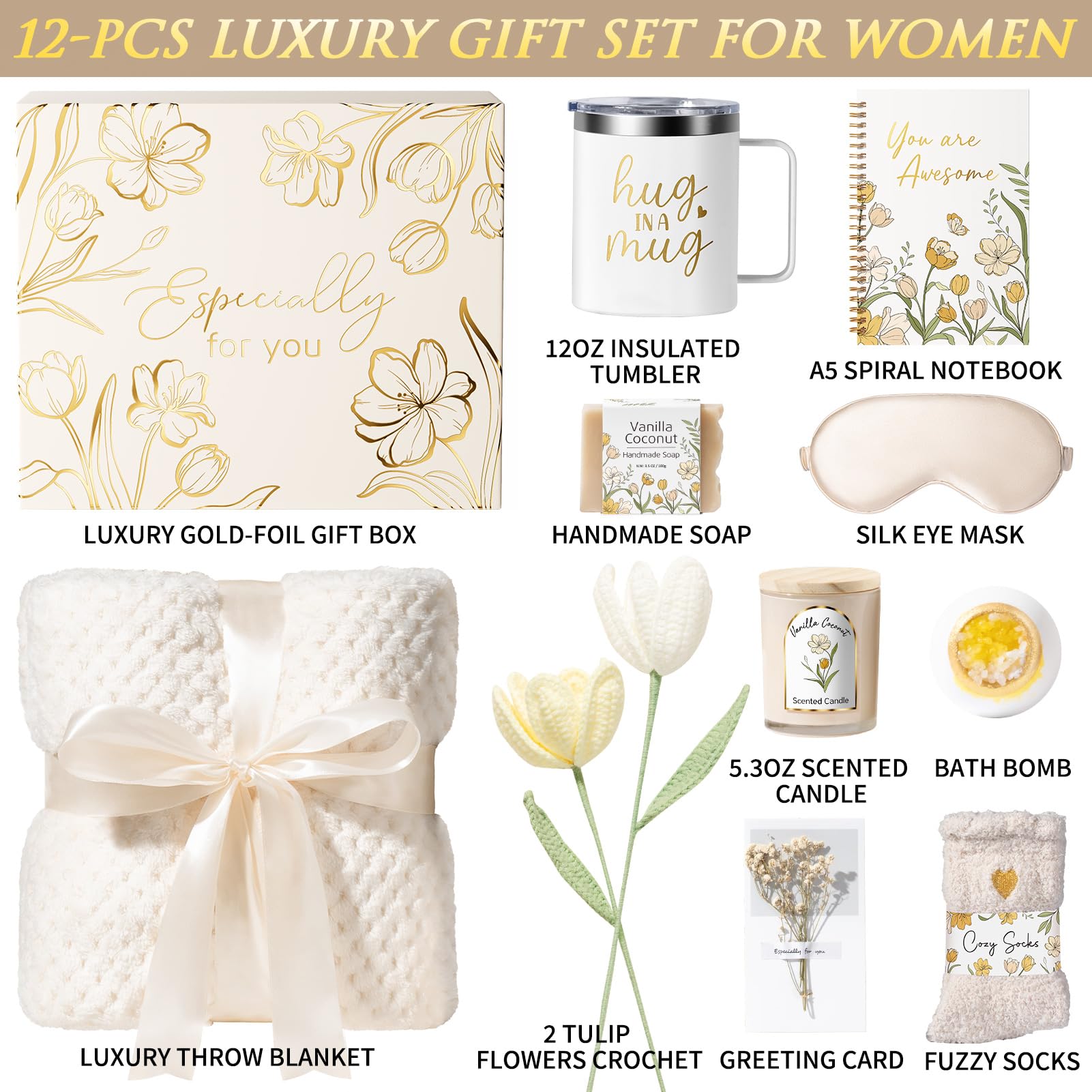Gift Basket for Women – Self Care Spa Gift Set for Friend with Blanket, Tumbler & Relaxing Essentials.