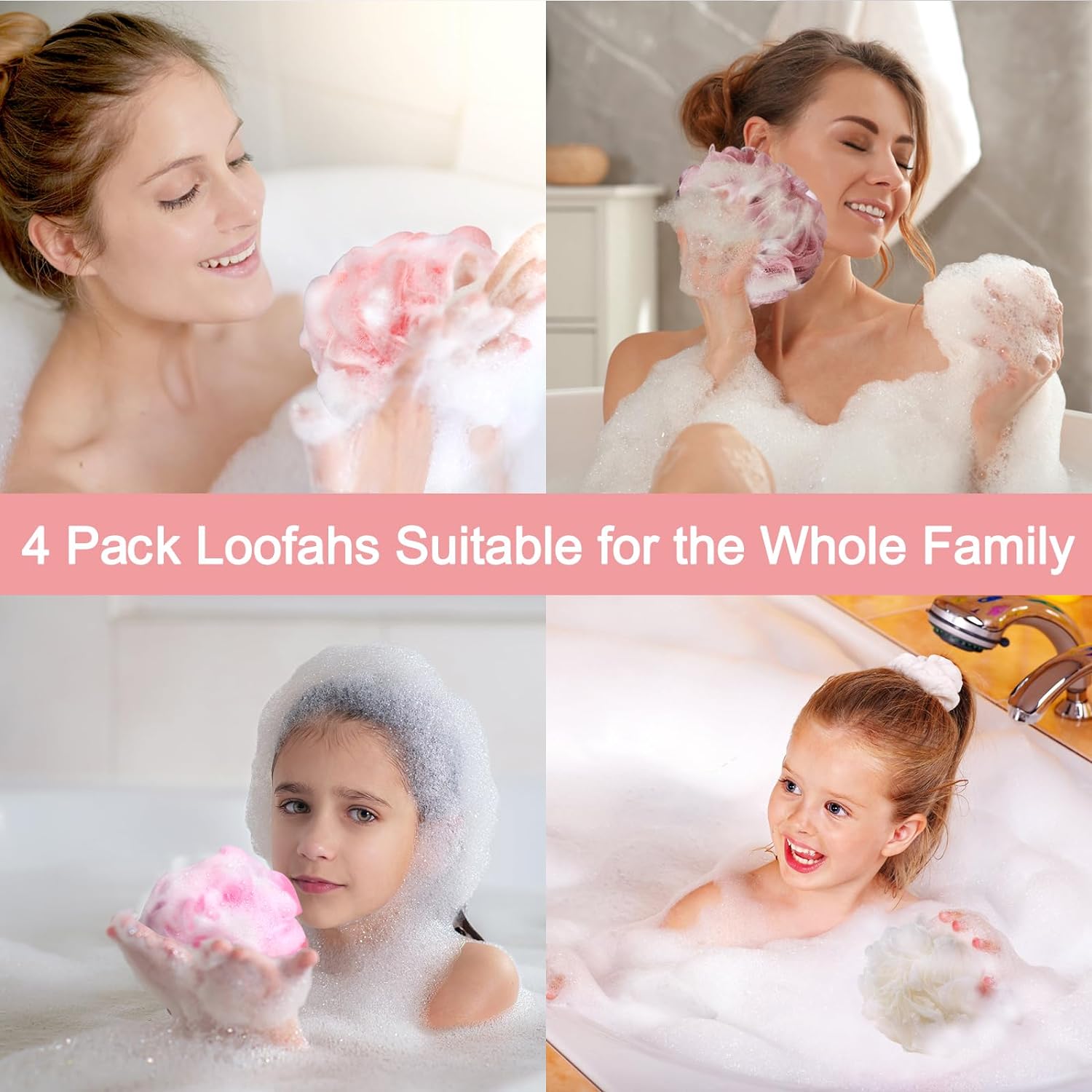 Fishent Loofah Bath Sponge Shower Loofahs, 4 Pack Soft Loofa Exfoliating Body Scrubber Mesh Shower Puff Pouf Ball Luffa for Men and Women(50g/pcs)