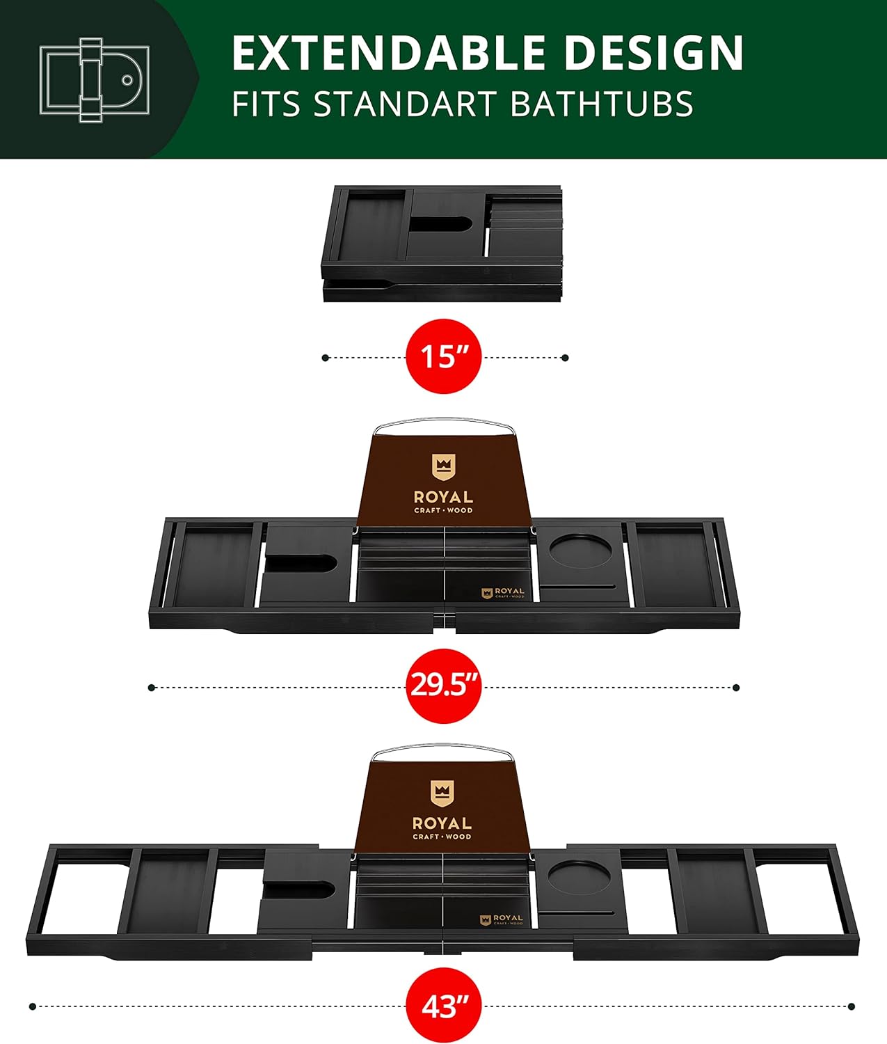 ROYAL CRAFT WOOD Foldable Bathtub Tray Caddy Bamboo Bathtub Tray Expandable, Bath Tub Table Caddy with Extending Sides - Free Soap Dish