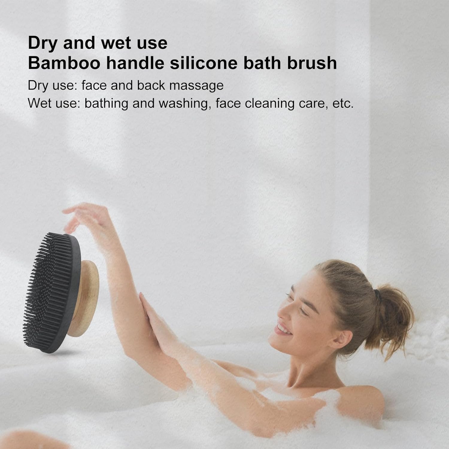 Silicone Bath Brush with Bamboo Handle.
