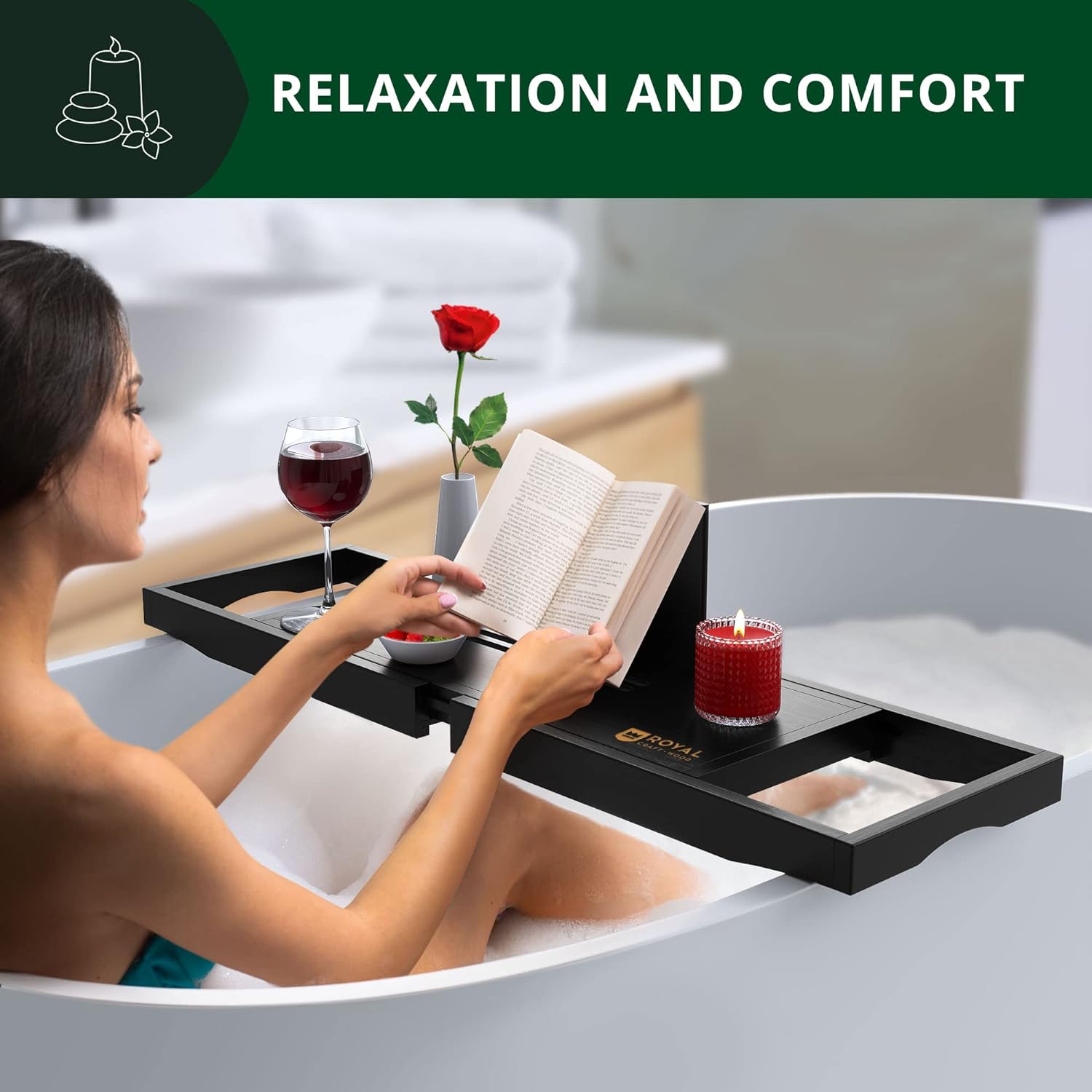 ROYAL CRAFT WOOD Foldable Bathtub Tray Caddy Bamboo Bathtub Tray Expandable, Bath Tub Table Caddy with Extending Sides - Free Soap Dish