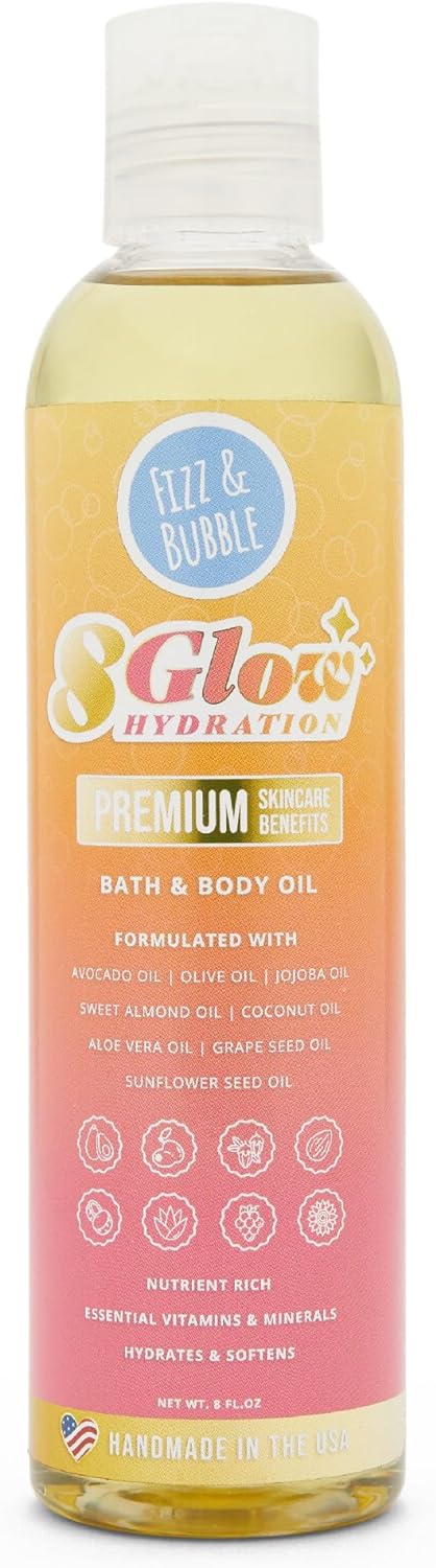 Fizz and Bubble, 8Glow Bath and Body Oil 8 oz. - Daily Moisturizing, Hydrating and Softening for Dry, Rough Skin