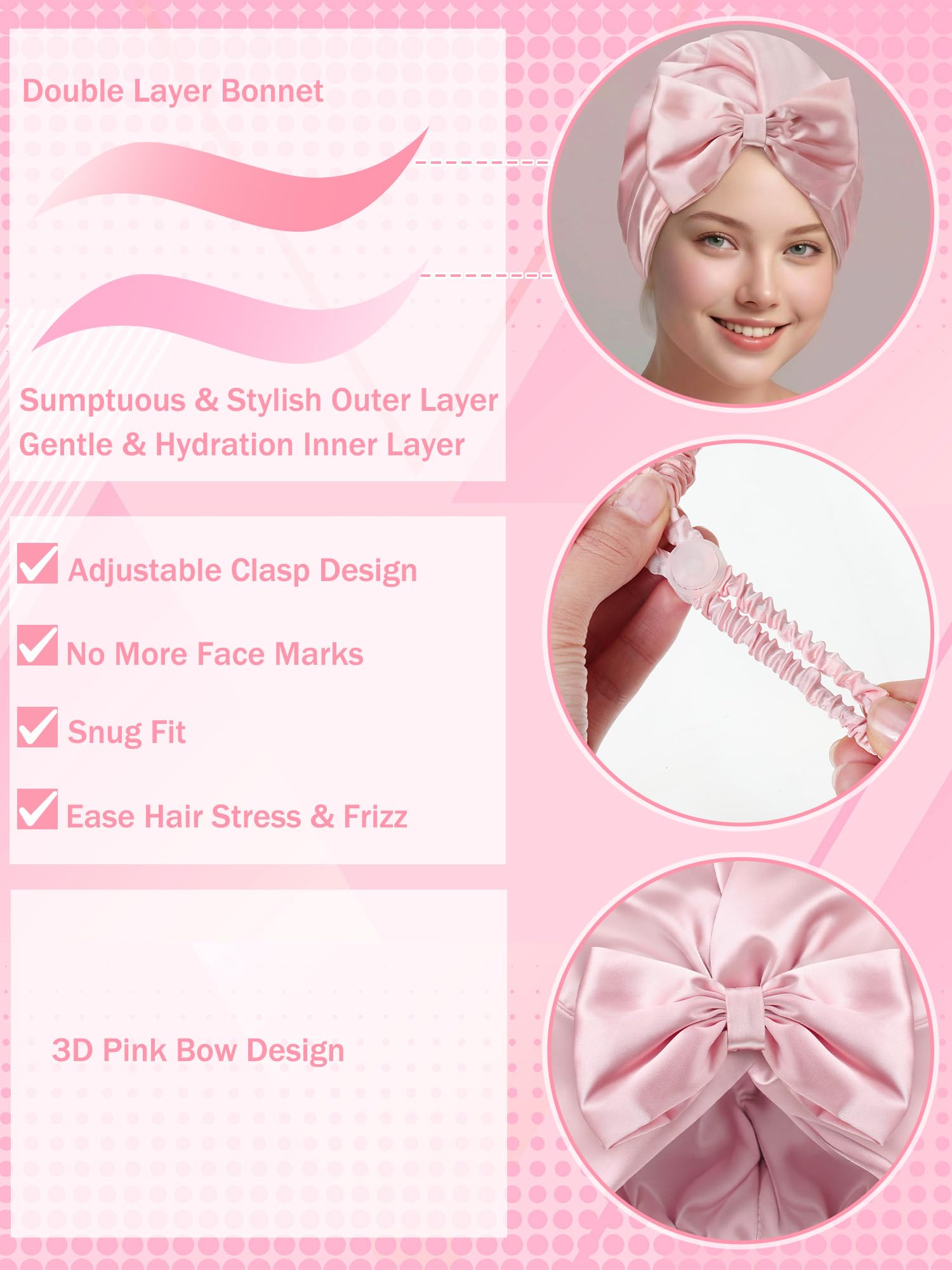 Ramede Bow Silk Bonnet for Sleeping Women Adjustable Satin Night Sleeping Cap Coquette Layer Smooth Hydration Hair Bonnet