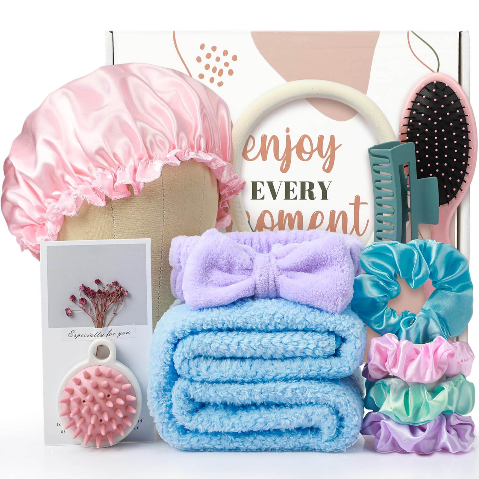 Sawysine 12 Pcs Mother's Day Hair Care Gift Set with Pink Microfiber Hair Drying Towel Spa Kit Include Quick Dry Hairs Towel Wrap Silk Bonnet Headband Brush for Women Birthday Wedding Gifts