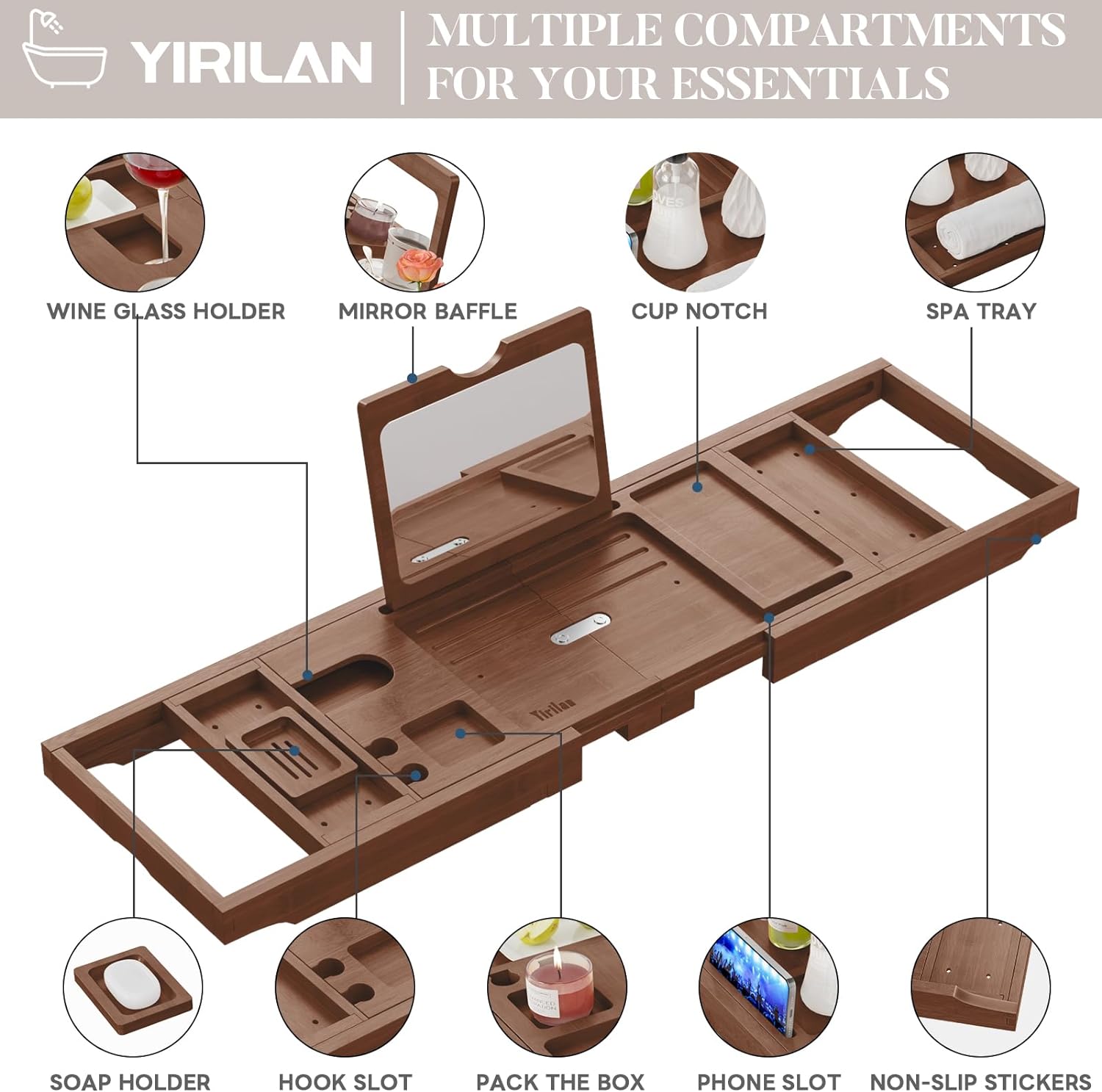 Yirilan Premium Bathtub Tray Caddy - Expandable Bath Tray - Unique House Warming Gifts, New Home, Anniversary & Wedding Gifts for Couple, Bridal Shower Gift for Women