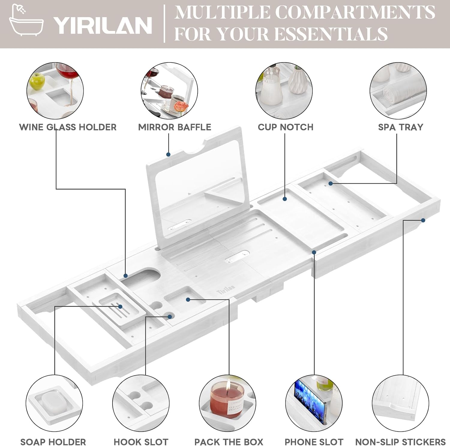 Yirilan Premium Bathtub Tray Caddy - Expandable Bath Tray - Unique House Warming Gifts, New Home, Anniversary & Wedding Gifts for Couple, Bridal Shower Gift for Women