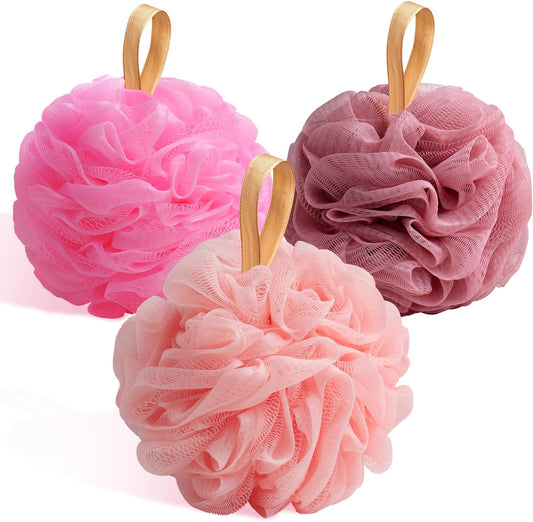 Fishent Bath Loofah Sponge, 3 Pack loofahs Exfoliating Body Scrubber, 60g Soft Mesh Pouf Shower Puffs, Loofa for Women (Pink-Peach-Coral)