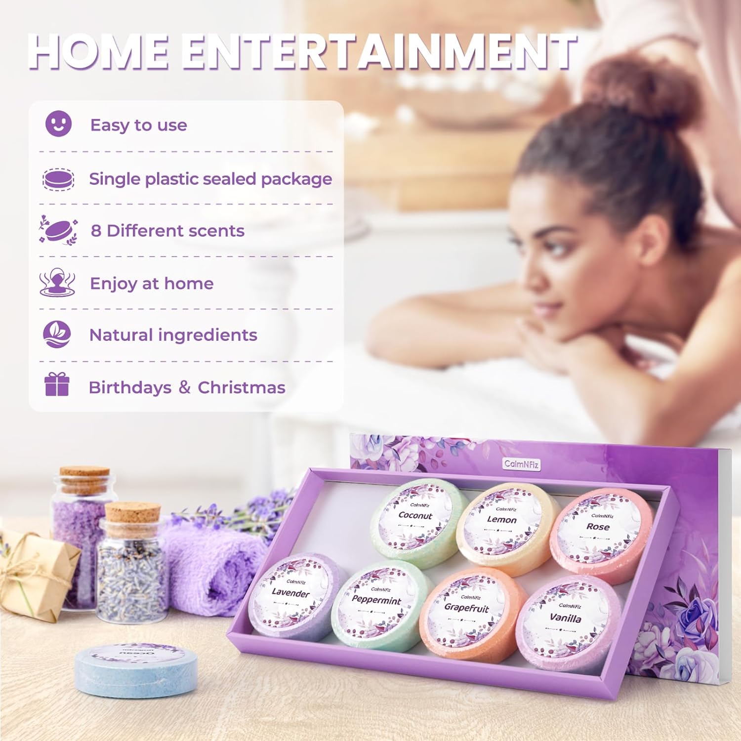 CalmNFiz Shower Steamers 8 Pcs - Scented Shower Bombs with Organic & Natural Fragrance, Bath and Body Works Bath Bombs, Birthday Anniversary Valentine’s Day Gifts for Women Who Have Everything