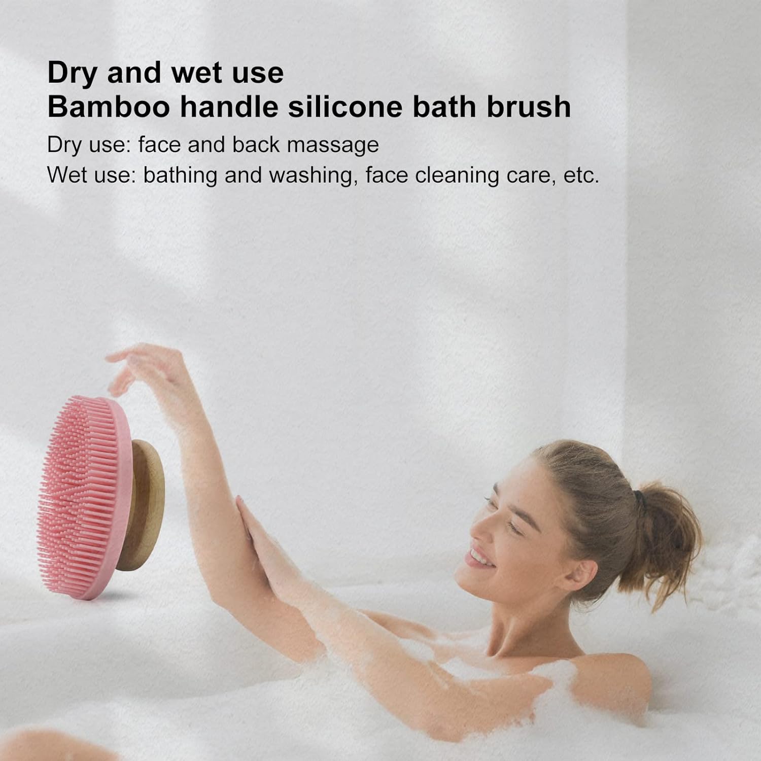 Silicone Bath Brush with Bamboo Handle.