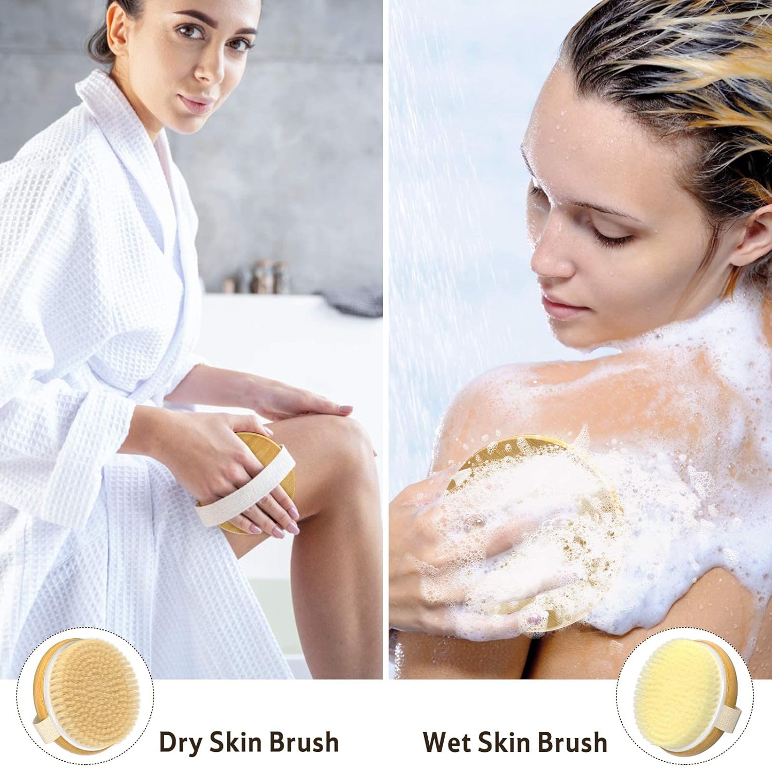 2 Pack Bamboo Dry Body Brushes, Shower Brush Wet and Dry Brushing, Dry Brush for Cellulite and Lymphatic