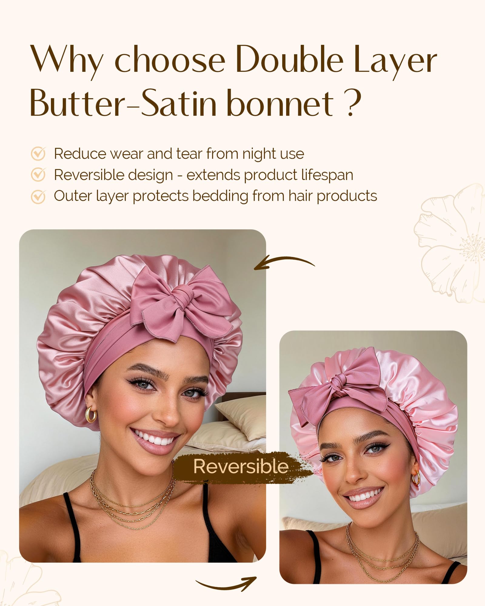 Adjustable Double Layer Satin Bonnet, Silk Hair Bonnet for Sleeping with Elastic Tie Curly Natural Hair Reduce frizz