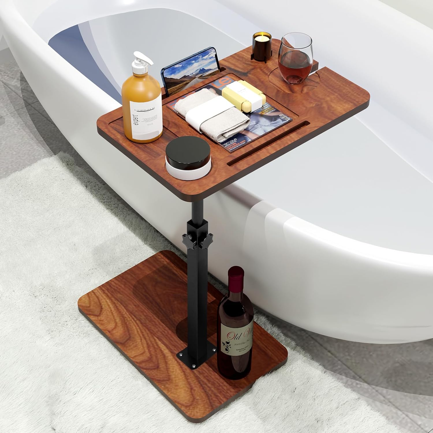 Bathtub Caddy Tray Table with Adjustable Height, Freestanding Bath Caddy Tray with Reading Rack, Tablet Holder, Cellphone Tray and Wine Glass Holder, Organizer Tray-A