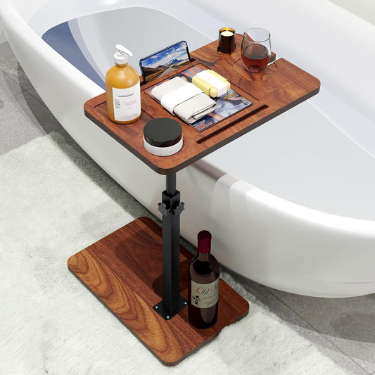Bathtub Caddy Tray Table with Adjustable Height, Freestanding Bath Caddy Tray with Reading Rack, Tablet Holder, Cellphone Tray and Wine Glass Holder, Organizer Tray-A