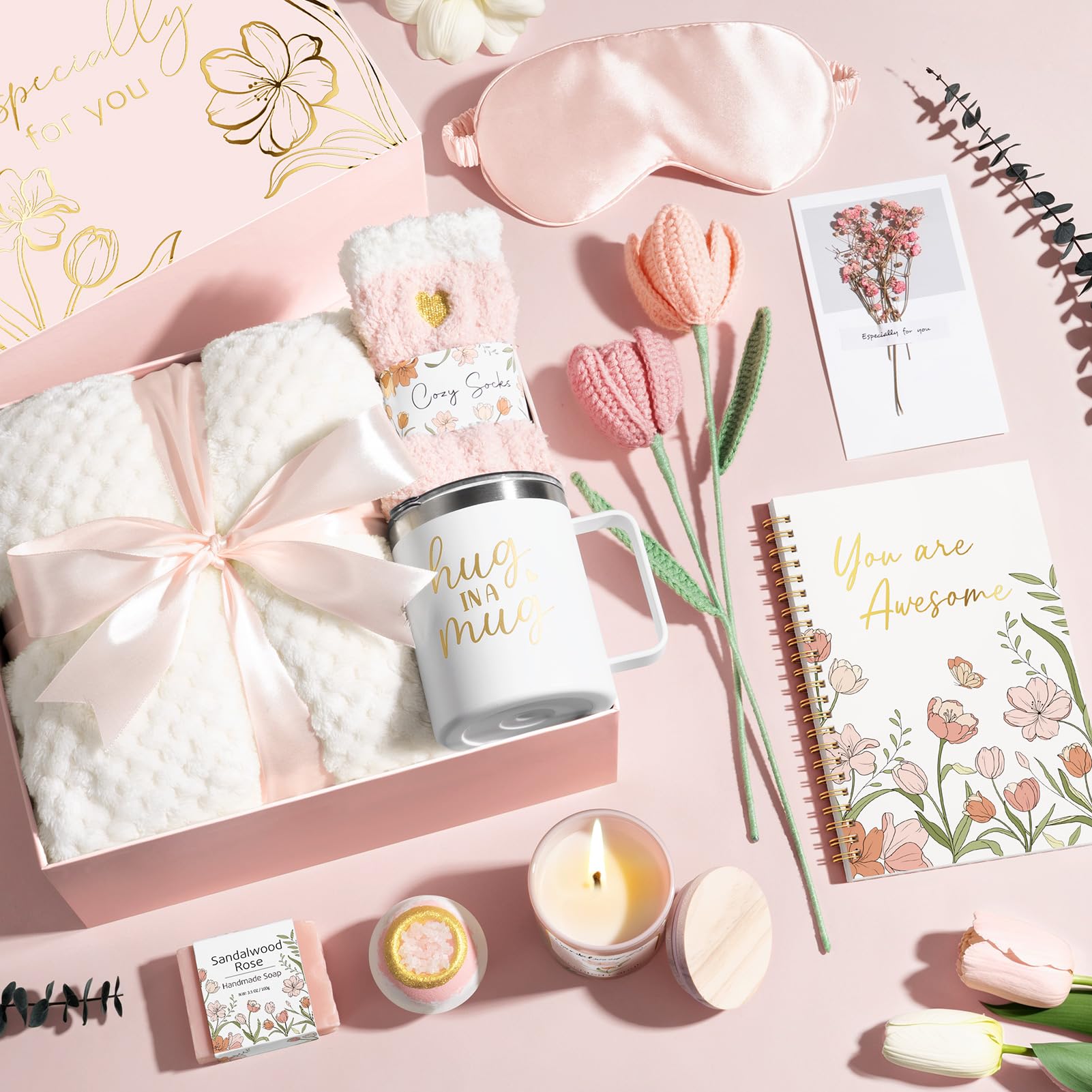 Gift Basket for Women – Self Care Spa Gift Set for Friend with Blanket, Tumbler & Relaxing Essentials.