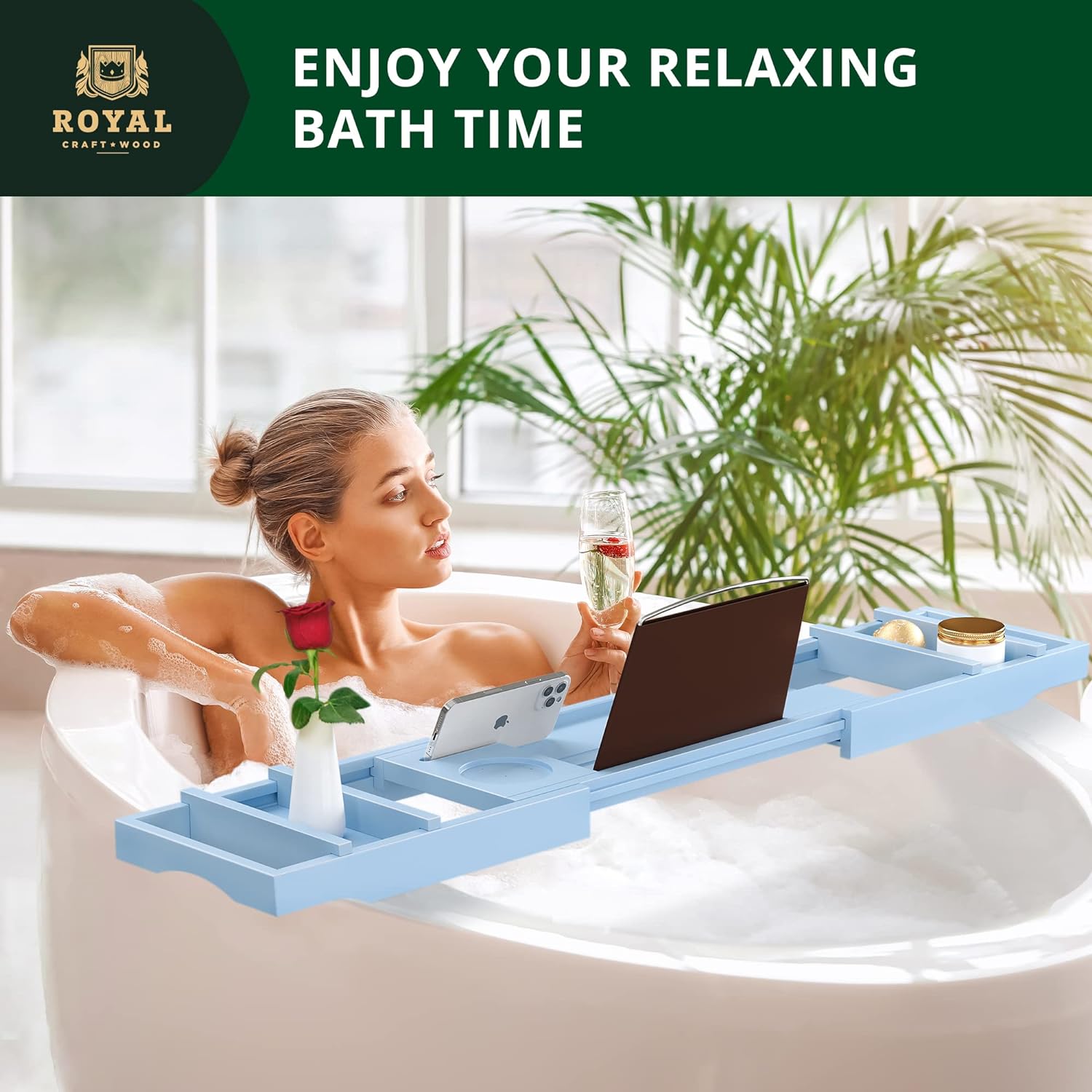 ROYAL CRAFT WOOD Foldable Bathtub Tray Caddy Bamboo Bathtub Tray Expandable, Bath Tub Table Caddy with Extending Sides - Free Soap Dish