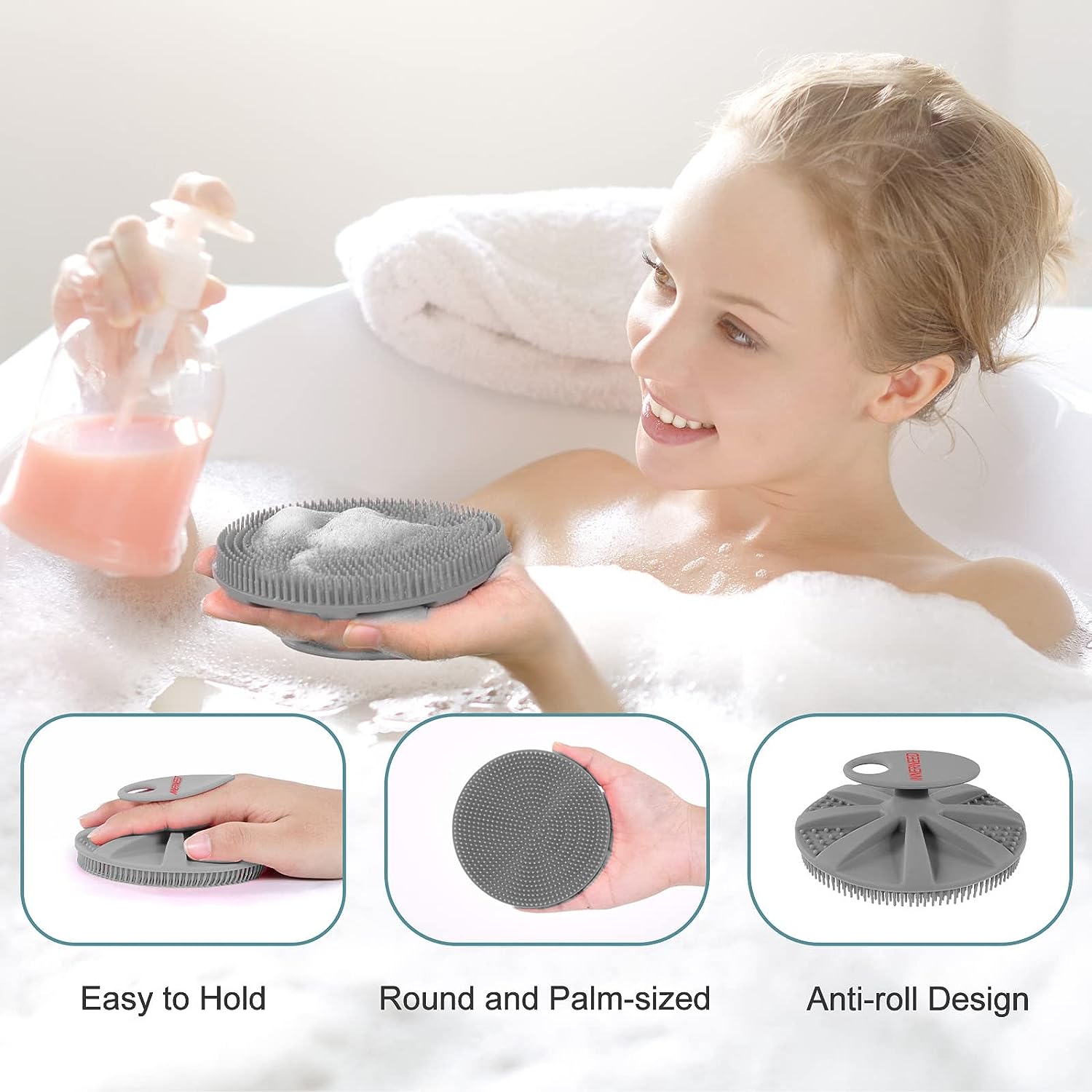 INNERNEED Food-Grade Soft Silicone Body Scrubber Shower Brush Handheld Cleansing Skin Brush, Gentle Exfoliating and Lather Well (Black)