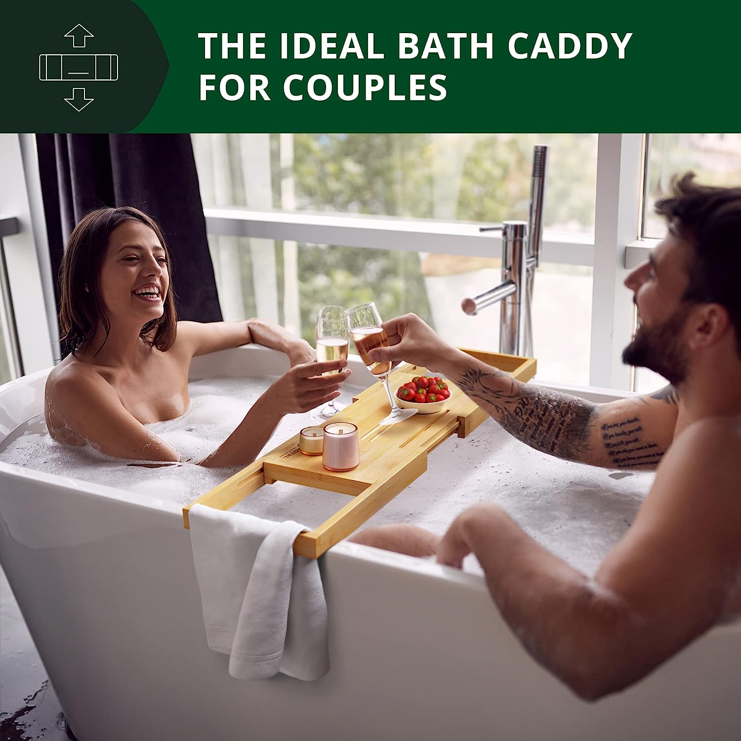 ROYAL CRAFT WOOD Foldable Bathtub Tray Caddy Bamboo Bathtub Tray Expandable, Bath Tub Table Caddy with Extending Sides - Free Soap Dish