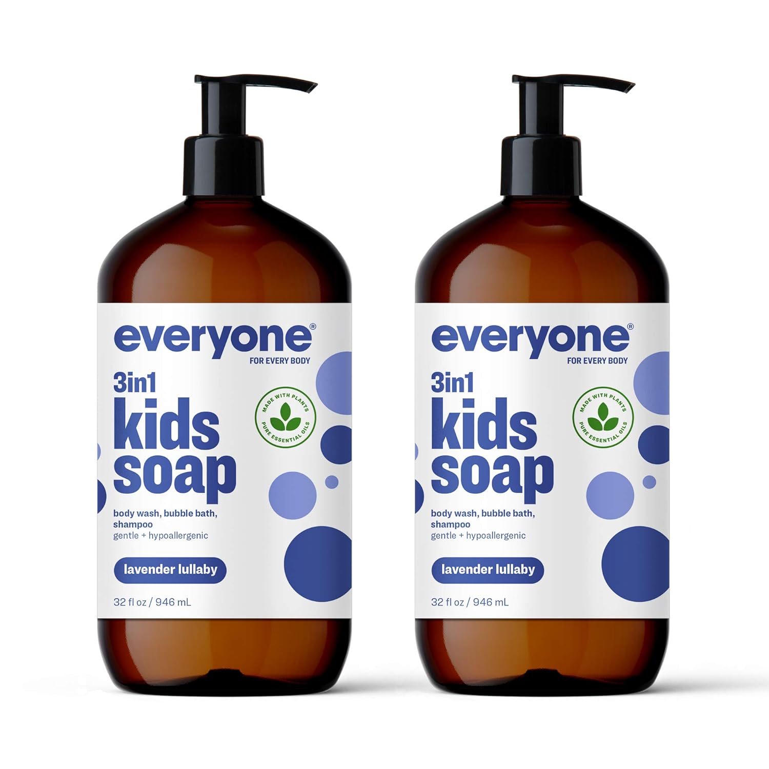 Everyone 3-in-1 Kids Soap, Body Wash, Bubble Bath, Shampoo, 32 Ounce (Pack of 2), Lavender Lullaby, Coconut Cleanser with Plant Extracts and Pure Essential Oils