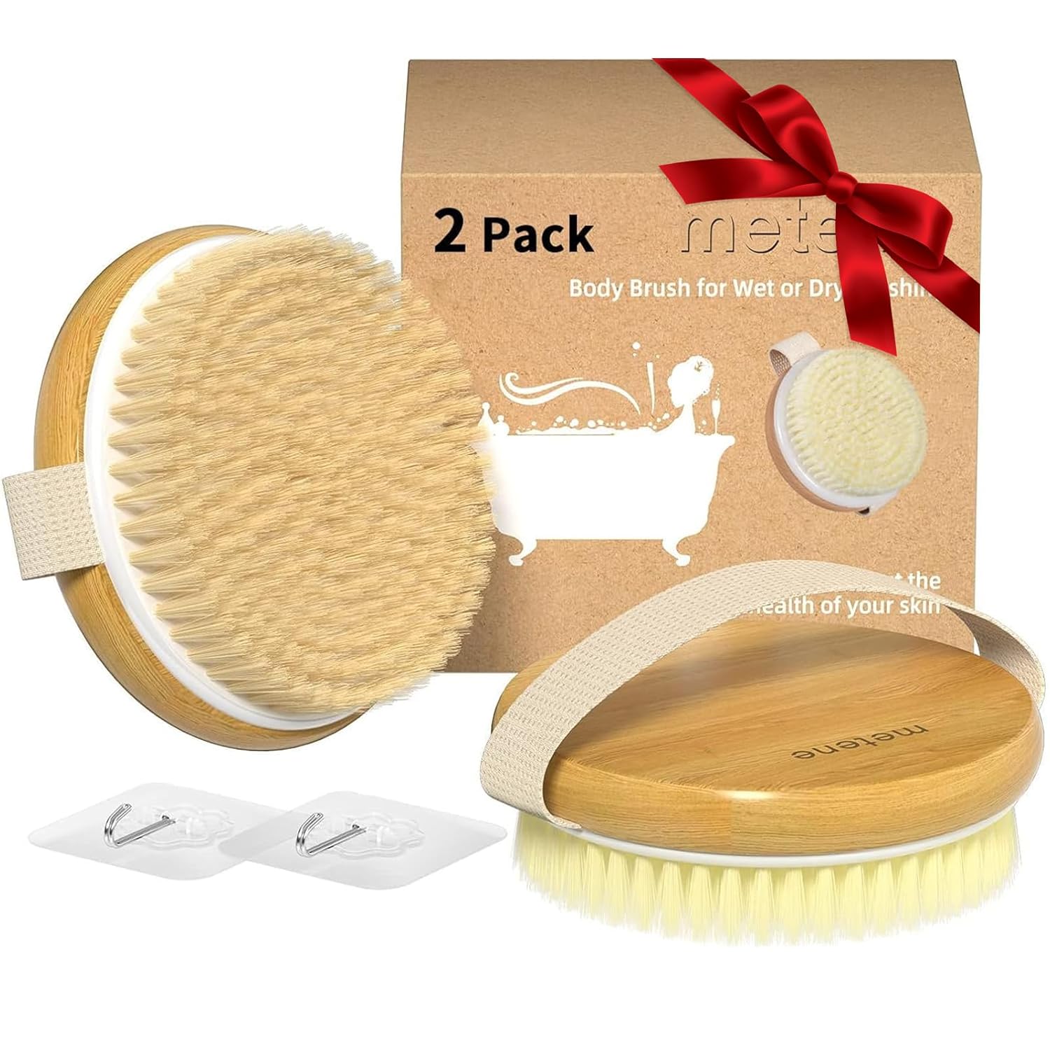 2 Pack Bamboo Dry Body Brushes, Shower Brush Wet and Dry Brushing, Dry Brush for Cellulite and Lymphatic